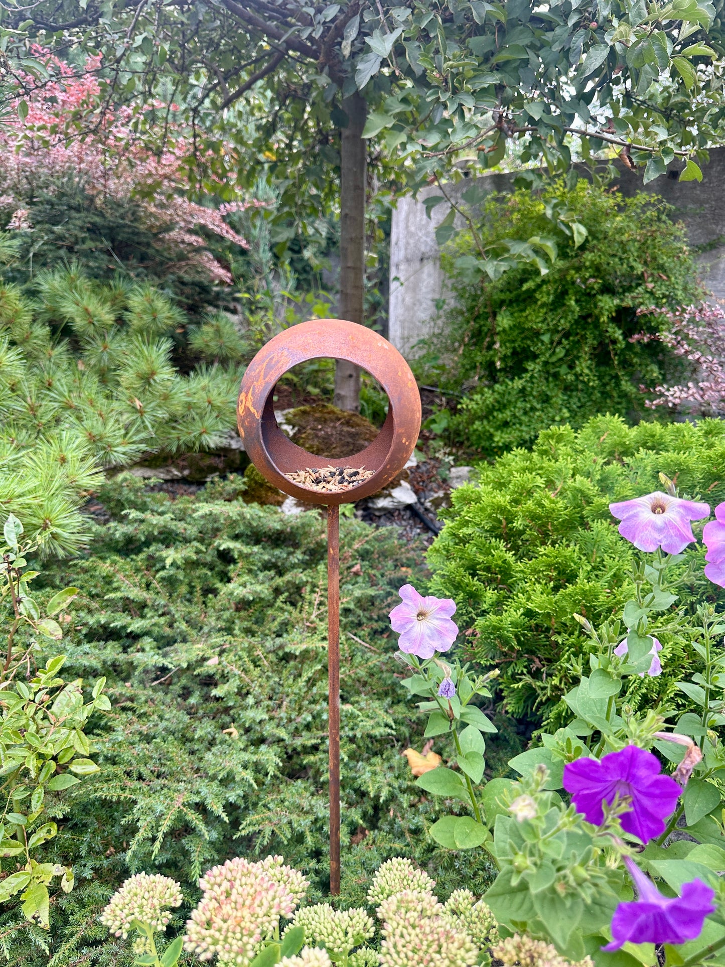 Rusty Metal Bird House Snack Bar on Stake Rustic Bird Feeder Outdoor Garden Decor Weathered Yard Art Unique Bird Have