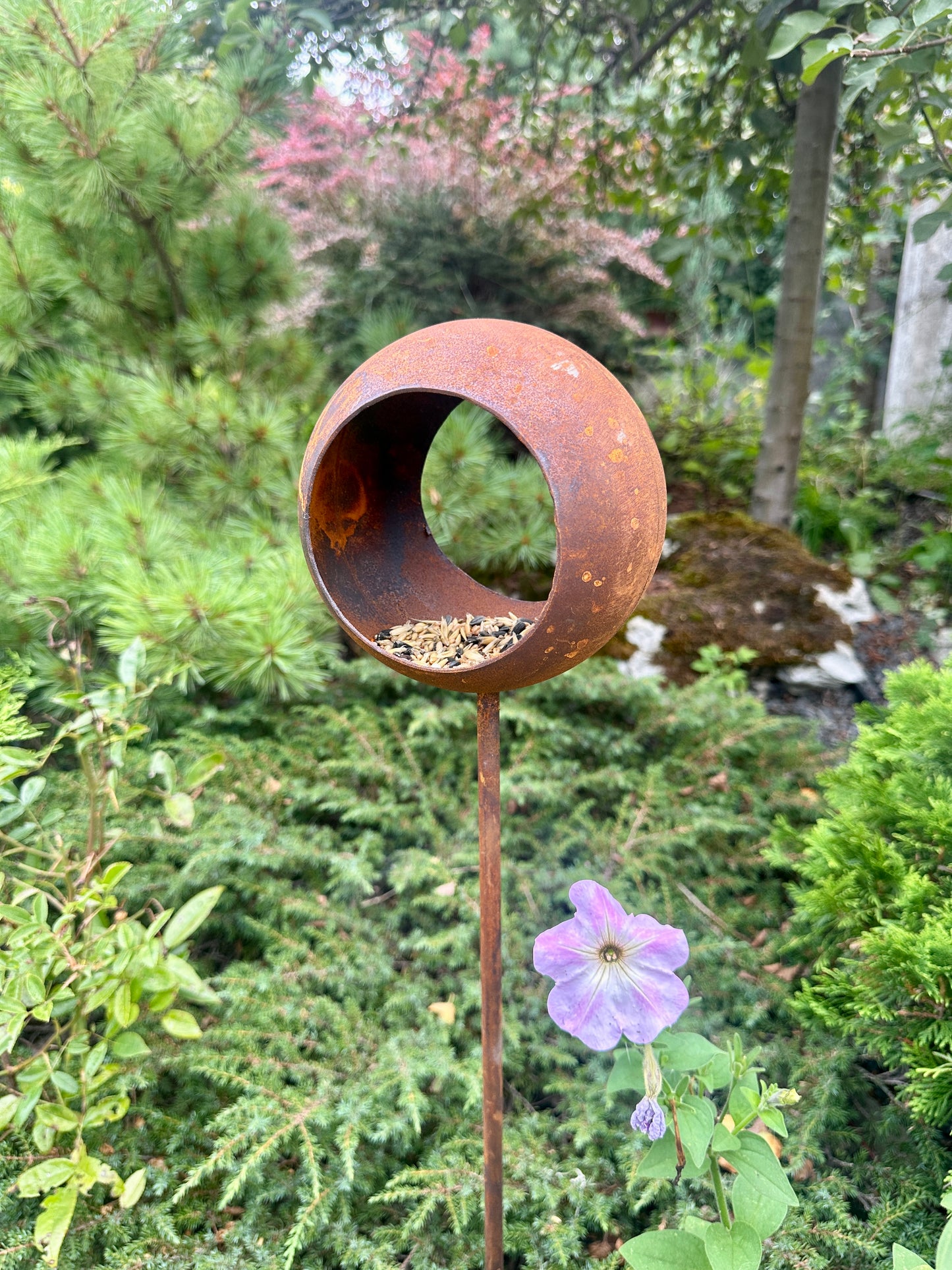 Rusty Metal Bird House Snack Bar on Stake Rustic Bird Feeder Outdoor Garden Decor Weathered Yard Art Unique Bird Have