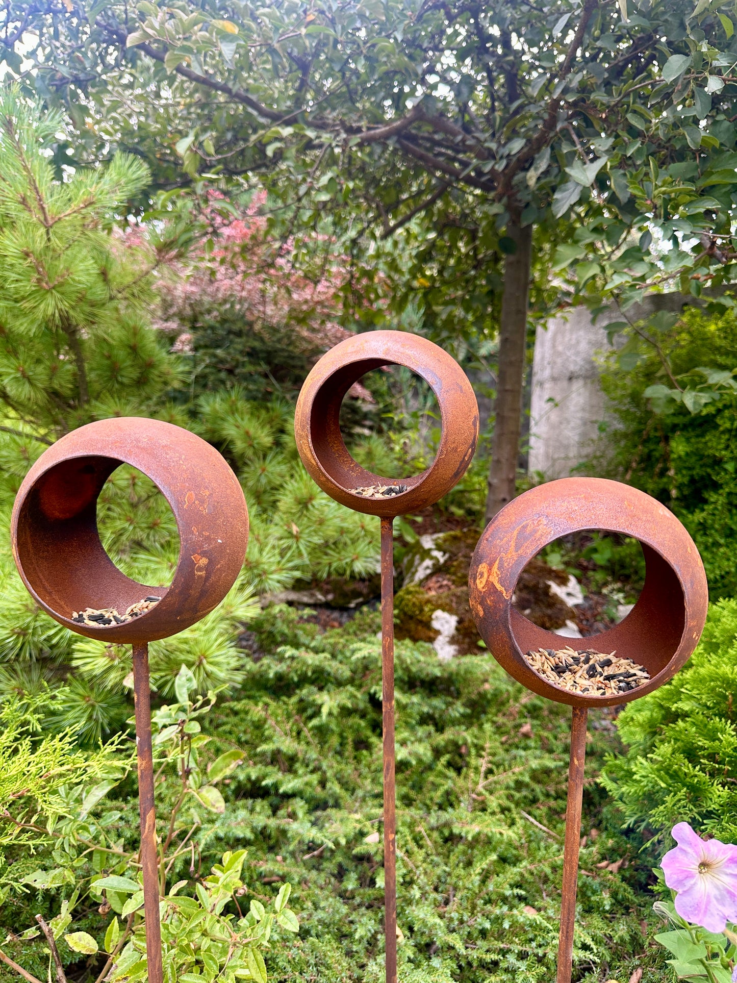 Set of 3 Rusted Steel Bird Feeders with Perches, Weathered Outdoor Yard Art