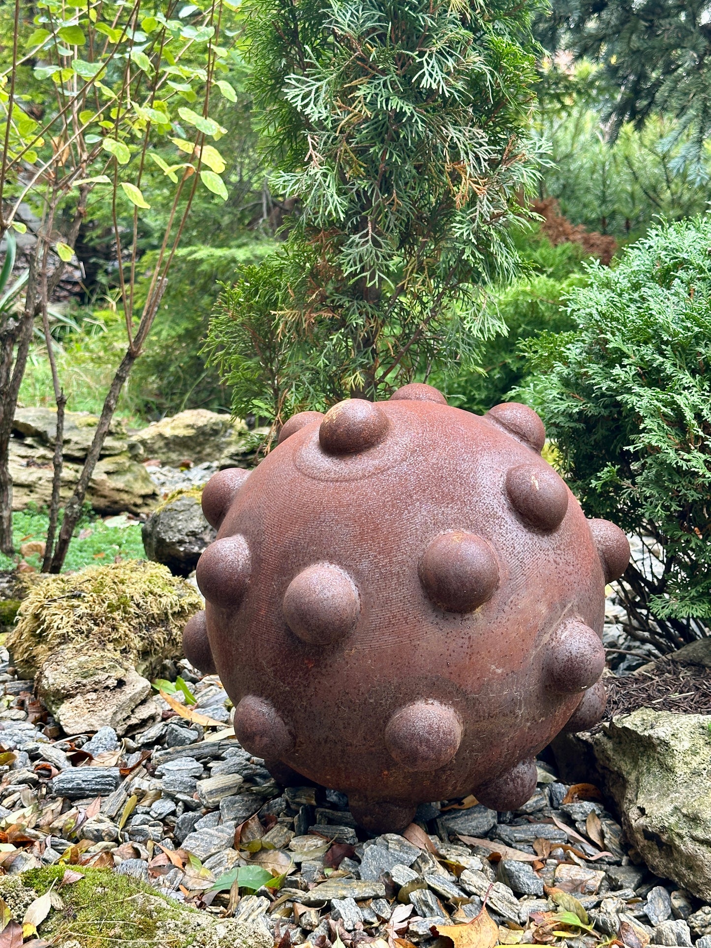 16” Rusty Metal Sphere Sculpture for Garden Decor Modern Weathered Steel Ball for Patio Lawn and Outdoor Art Display