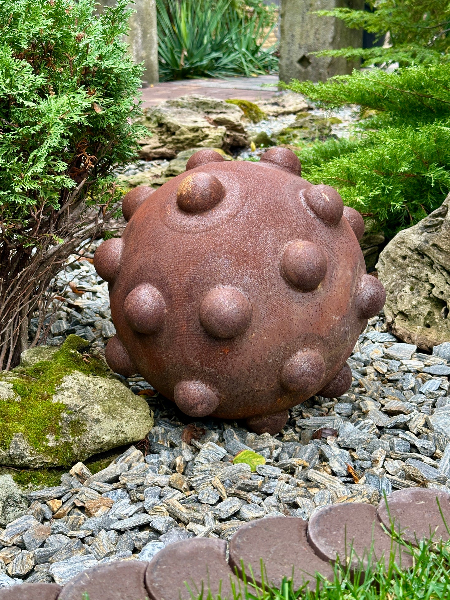 16” Rusty Metal Sphere Sculpture for Garden Decor Modern Weathered Steel Ball for Patio Lawn and Outdoor Art Display