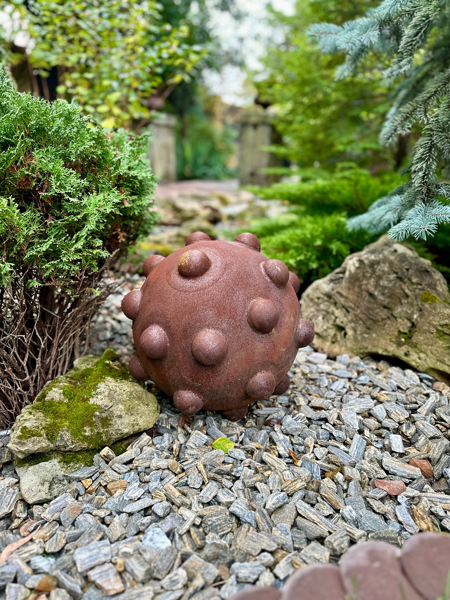16” Rusty Metal Sphere Sculpture for Garden Decor Modern Weathered Steel Ball for Patio Lawn and Outdoor Art Display