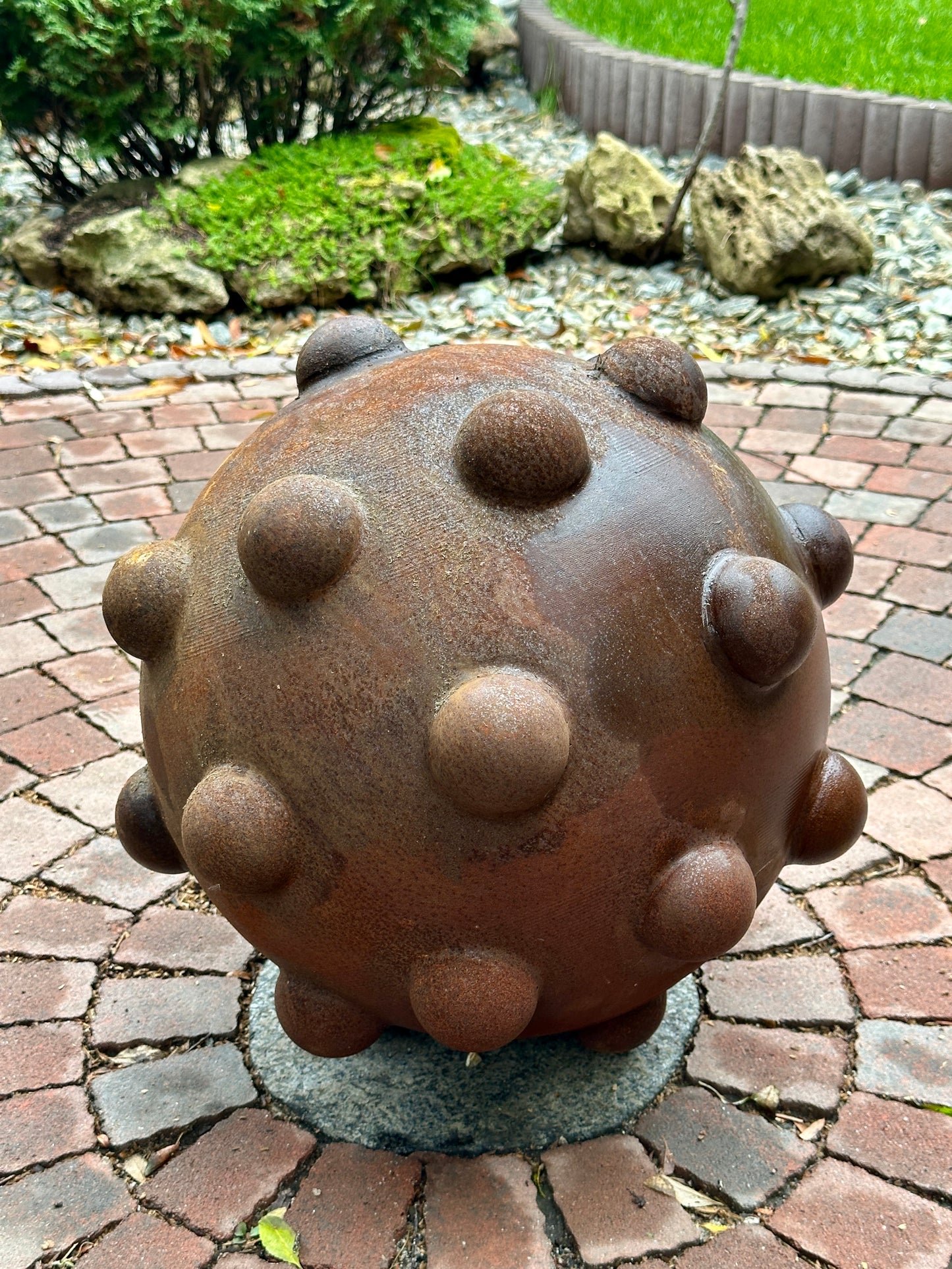 16” Rusty Metal Sphere Sculpture for Garden Decor Modern Weathered Steel Ball for Patio Lawn and Outdoor Art Display