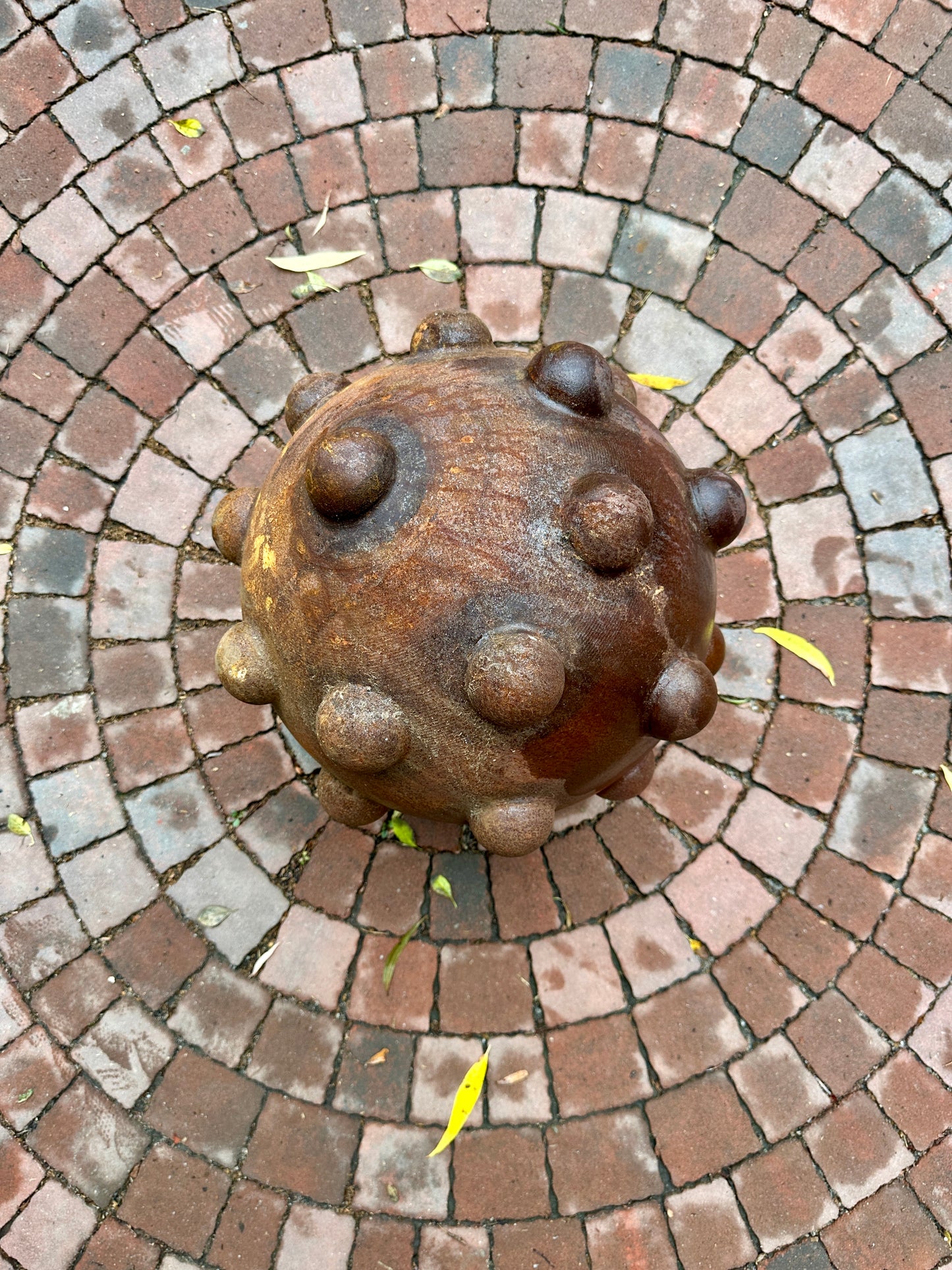 16” Rusty Metal Sphere Sculpture for Garden Decor Modern Weathered Steel Ball for Patio Lawn and Outdoor Art Display