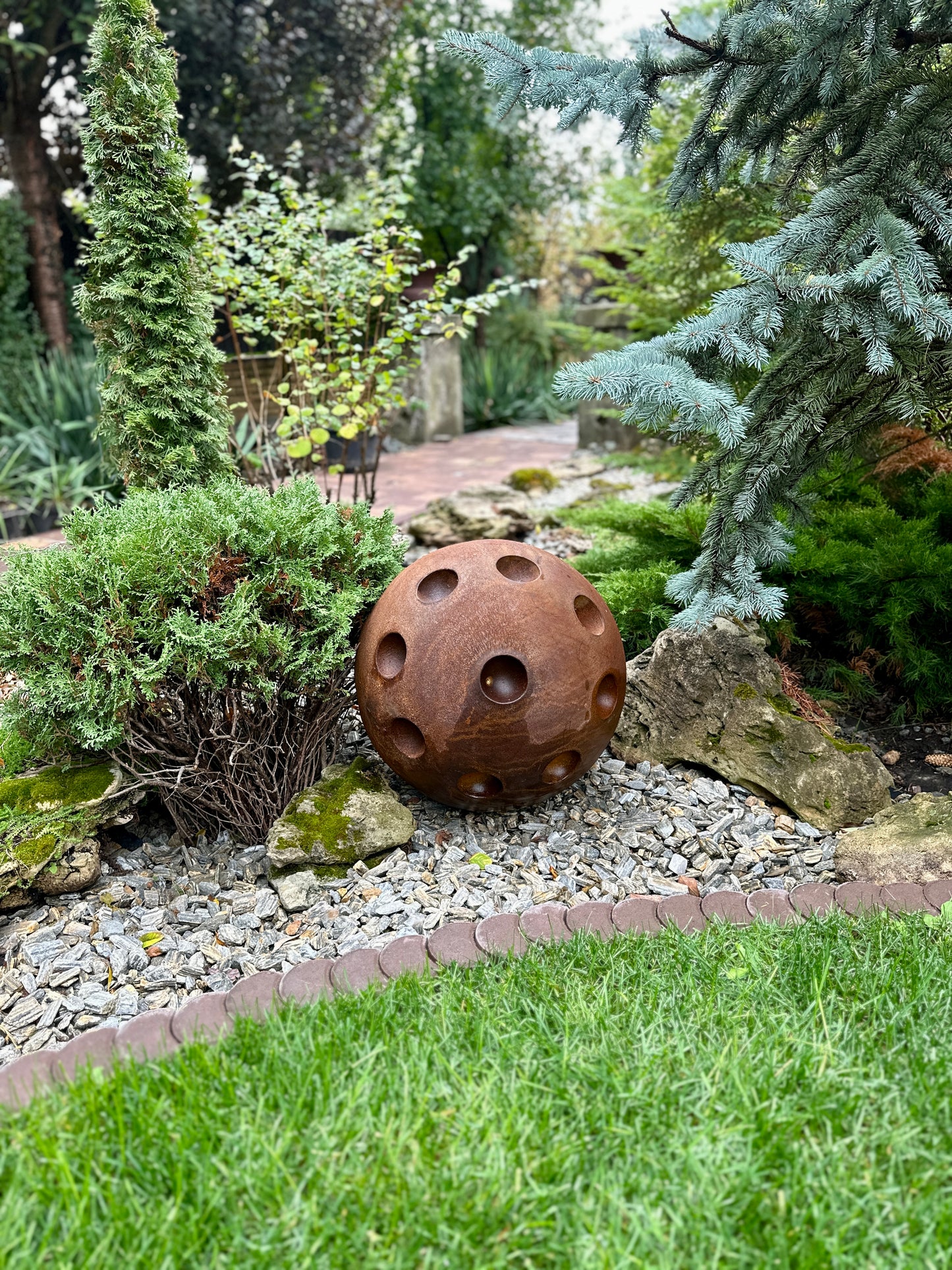 20'' Rusty Metal Sphere Sculpture – Modern art for your garden, patio or home. Perfect as a centerpiece, landscape decor, or artistic accent