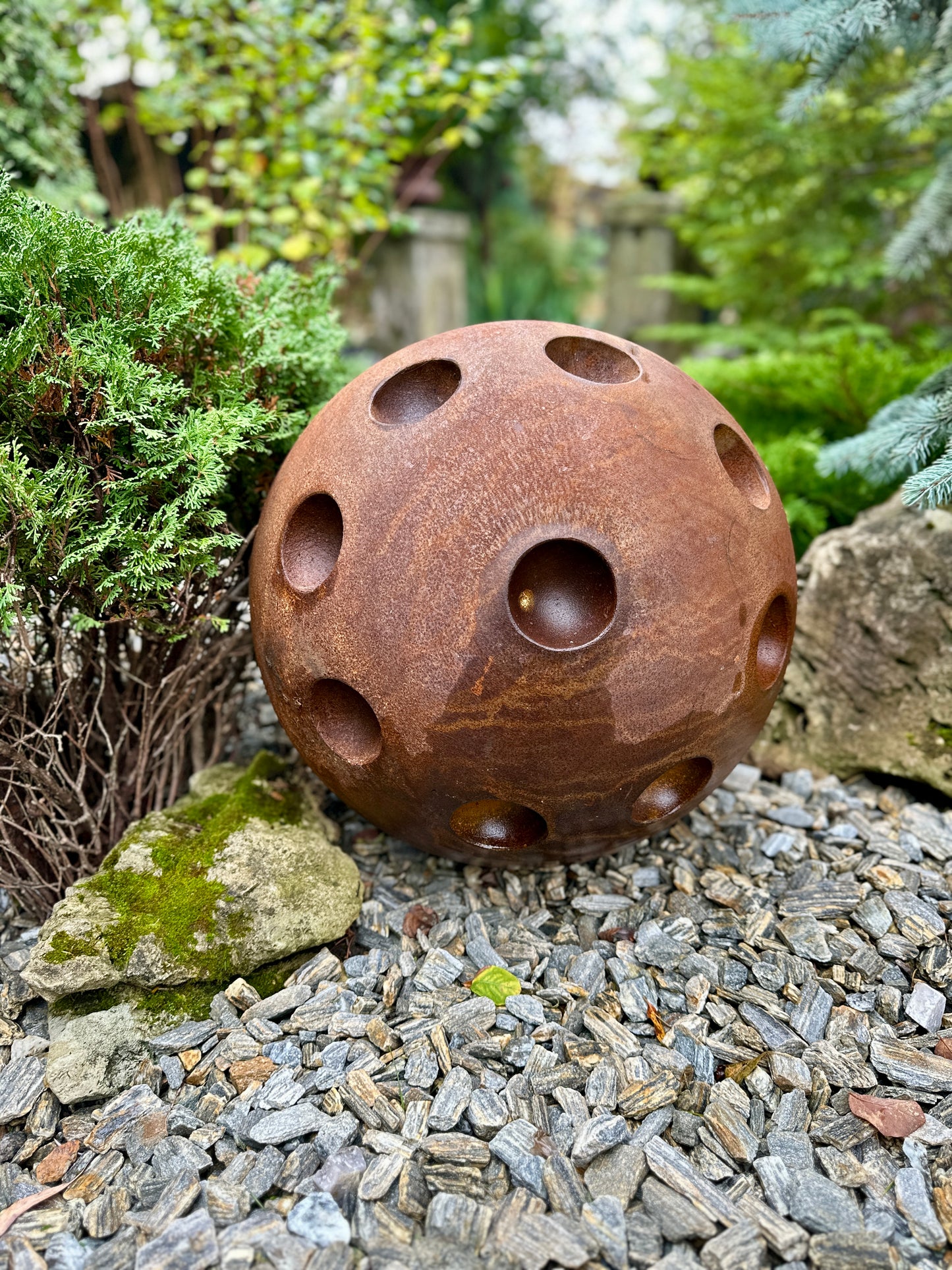 20'' Rusty Metal Sphere Sculpture – Modern art for your garden, patio or home. Perfect as a centerpiece, landscape decor, or artistic accent