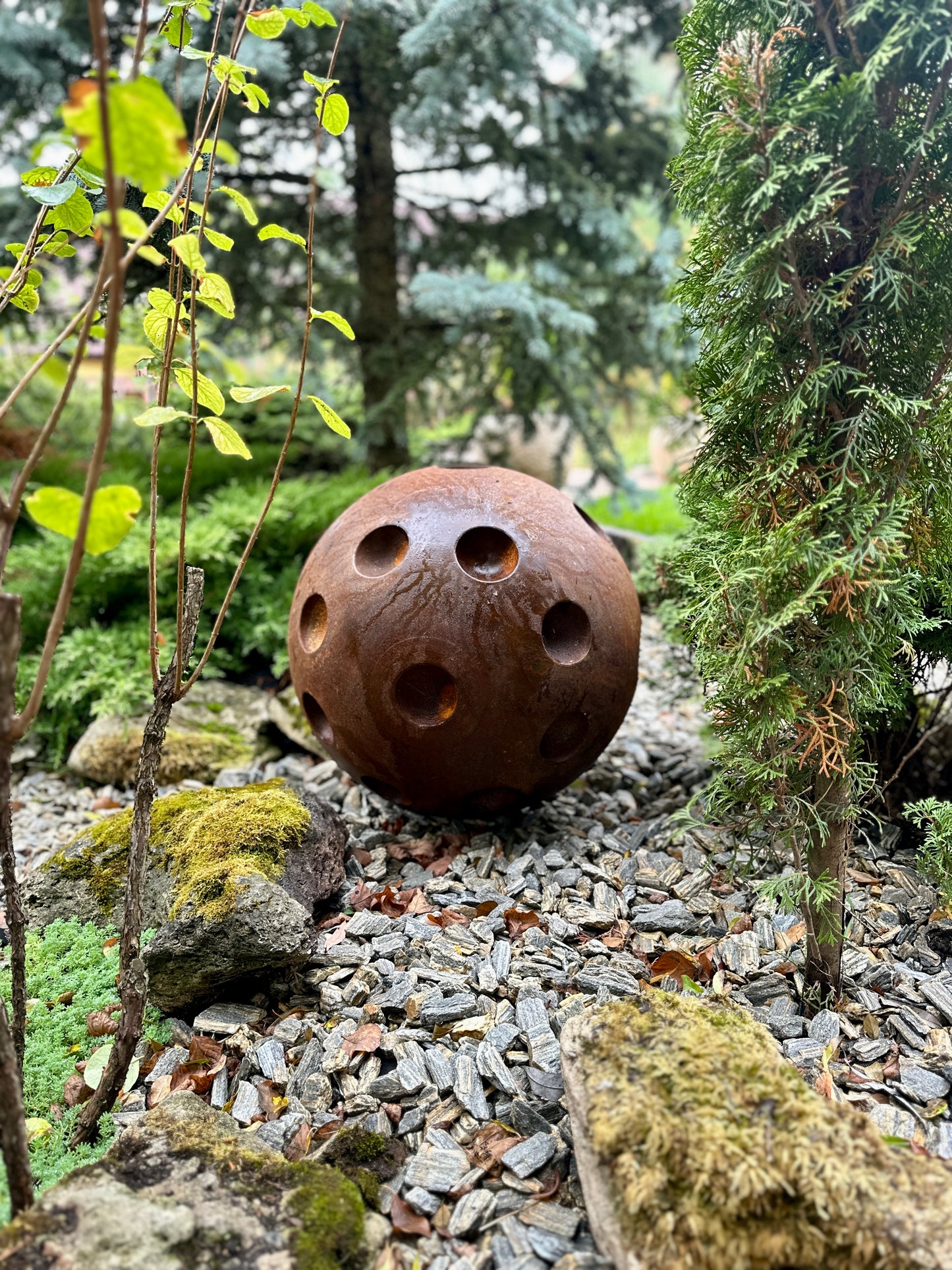 20'' Rusty Metal Sphere Sculpture – Modern art for your garden, patio or home. Perfect as a centerpiece, landscape decor, or artistic accent