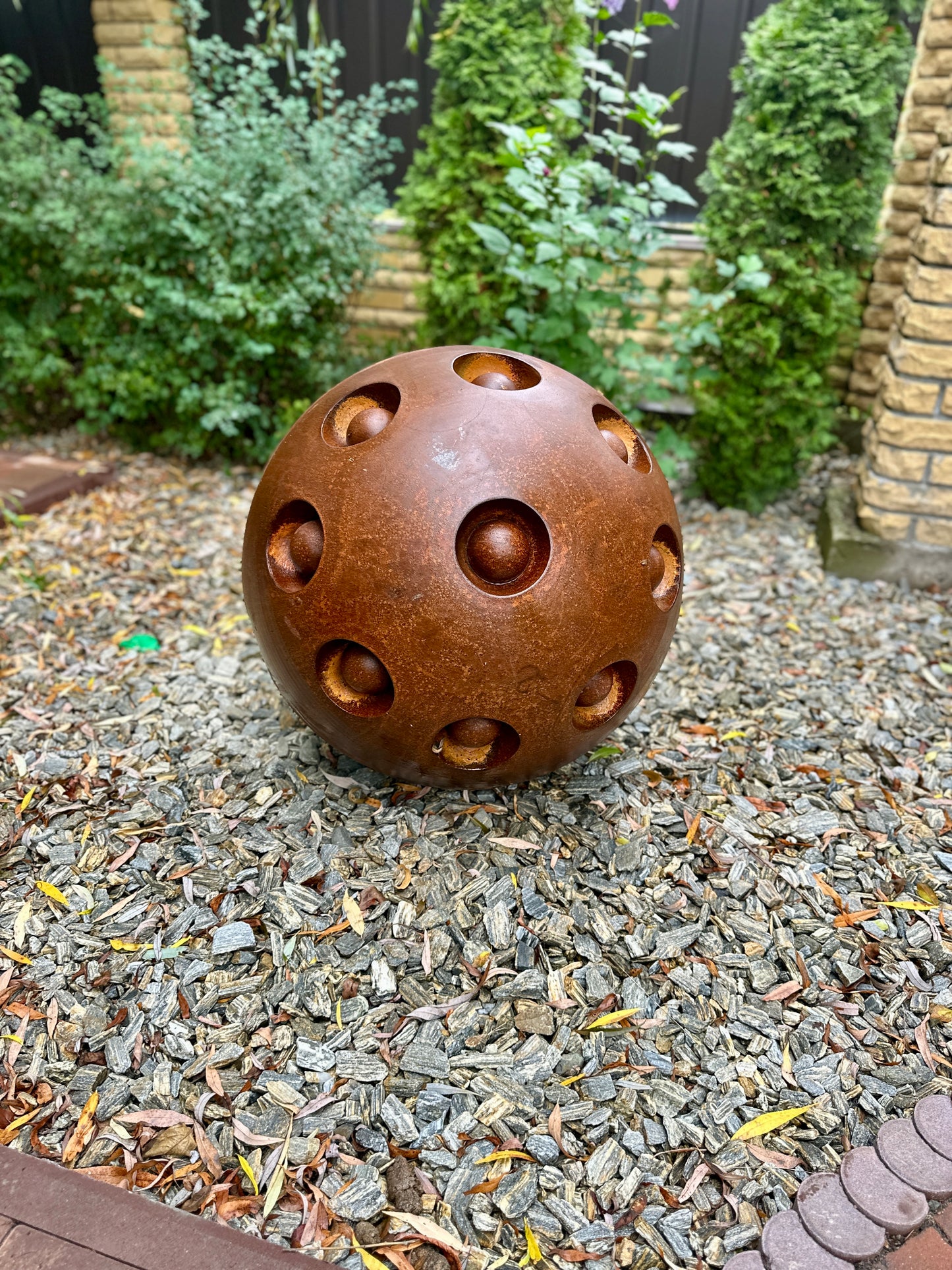 27'' Rusty Metal Sphere Sculpture Modern Art for Garden Patio or Home Perfect Centerpiece Landscape Decor and Artistic Accent