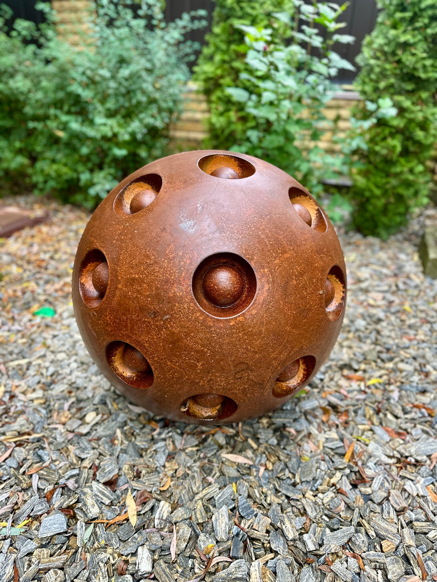 27'' Rusty Metal Sphere Sculpture Modern Art for Garden Patio or Home Perfect Centerpiece Landscape Decor and Artistic Accent