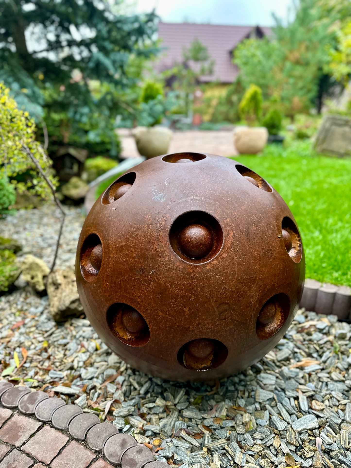 27'' Rusty Metal Sphere Sculpture Modern Art for Garden Patio or Home Perfect Centerpiece Landscape Decor and Artistic Accent