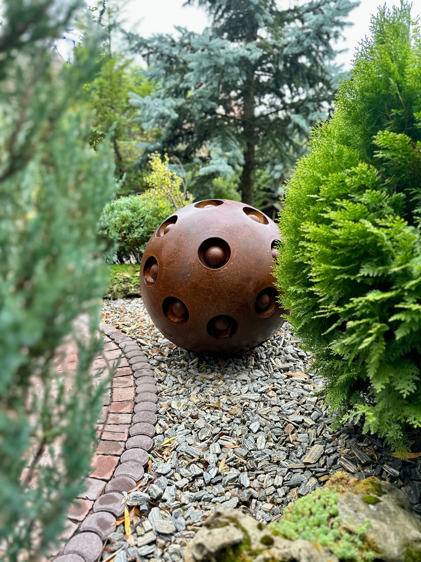 27'' Rusty Metal Sphere Sculpture Modern Art for Garden Patio or Home Perfect Centerpiece Landscape Decor and Artistic Accent