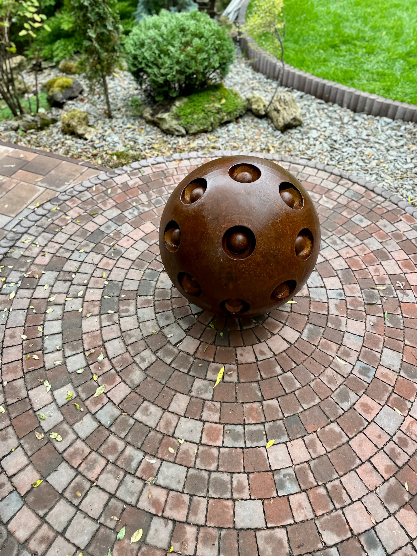 27'' Rusty Metal Sphere Sculpture Modern Art for Garden Patio or Home Perfect Centerpiece Landscape Decor and Artistic Accent
