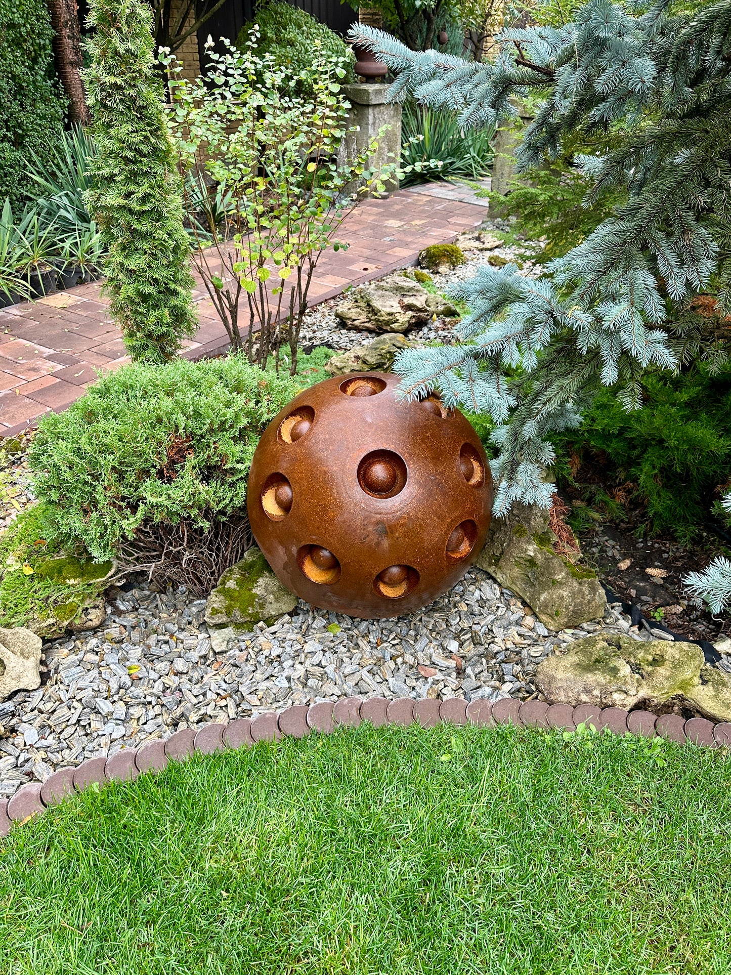 27'' Rusty Metal Sphere Sculpture Modern Art for Garden Patio or Home Perfect Centerpiece Landscape Decor and Artistic Accent