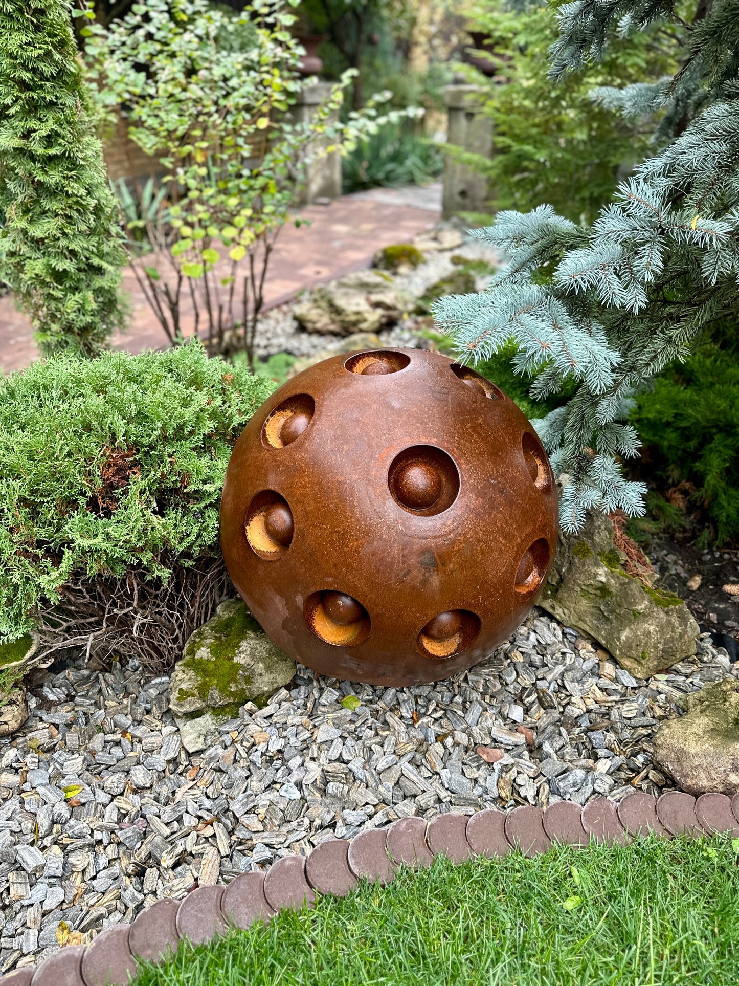 27'' Rusty Metal Sphere Sculpture Modern Art for Garden Patio or Home Perfect Centerpiece Landscape Decor and Artistic Accent