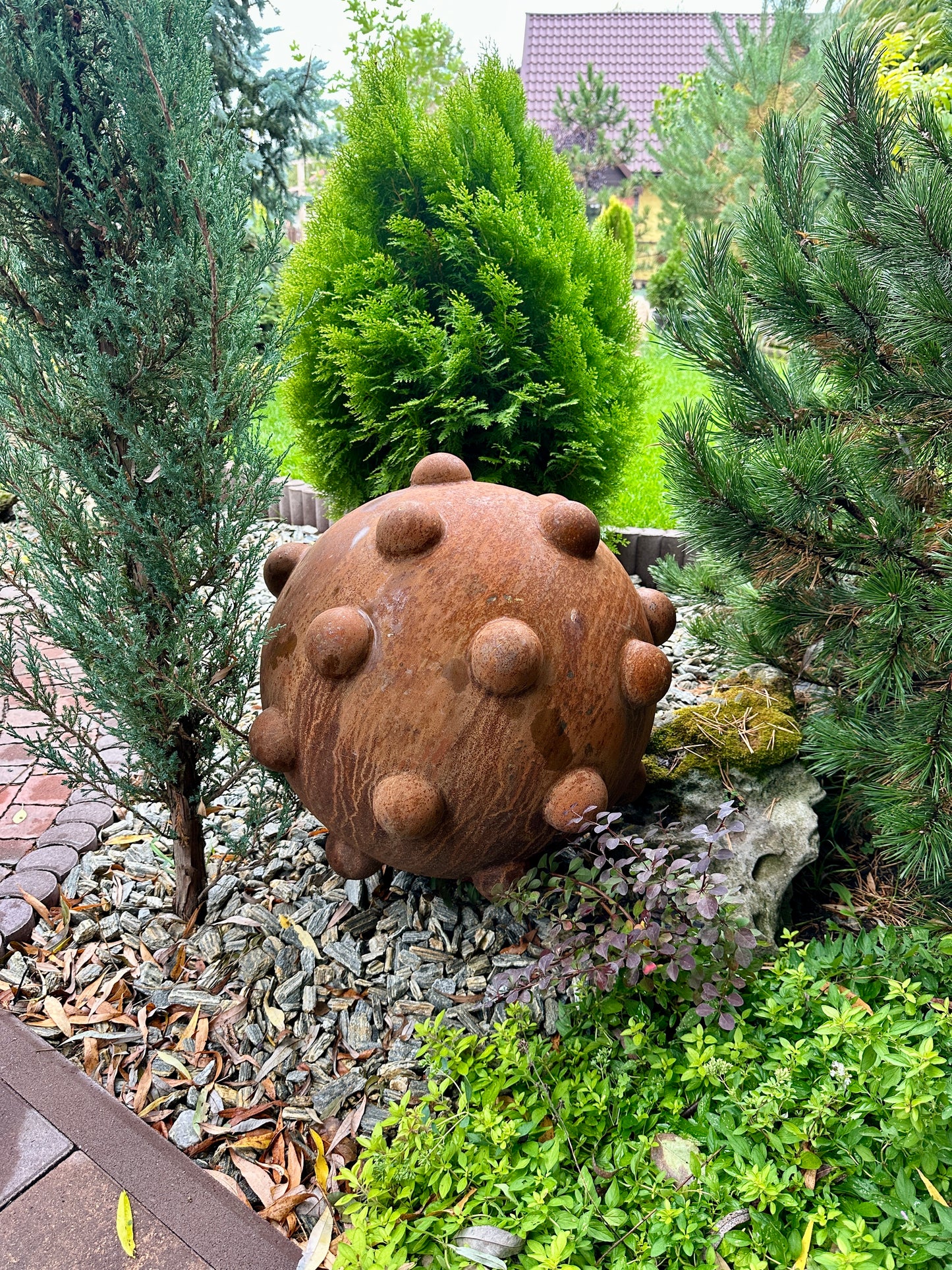 24'' Rusty Metal Sphere Sculpture Modern Art for Garden Patio or Home Perfect Centerpiece Landscape Decor and Artistic Accent
