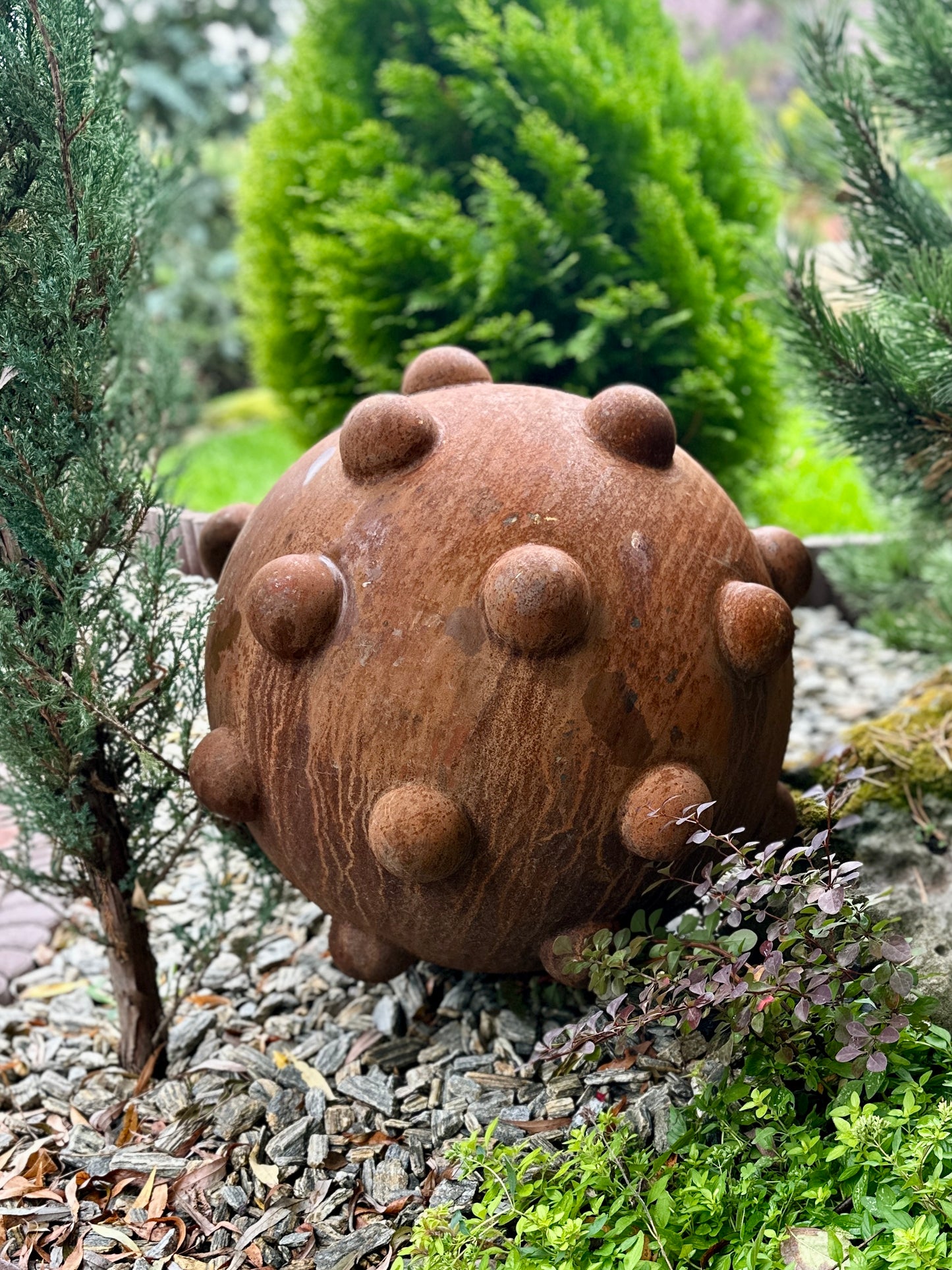 24'' Rusty Metal Sphere Sculpture Modern Art for Garden Patio or Home Perfect Centerpiece Landscape Decor and Artistic Accent