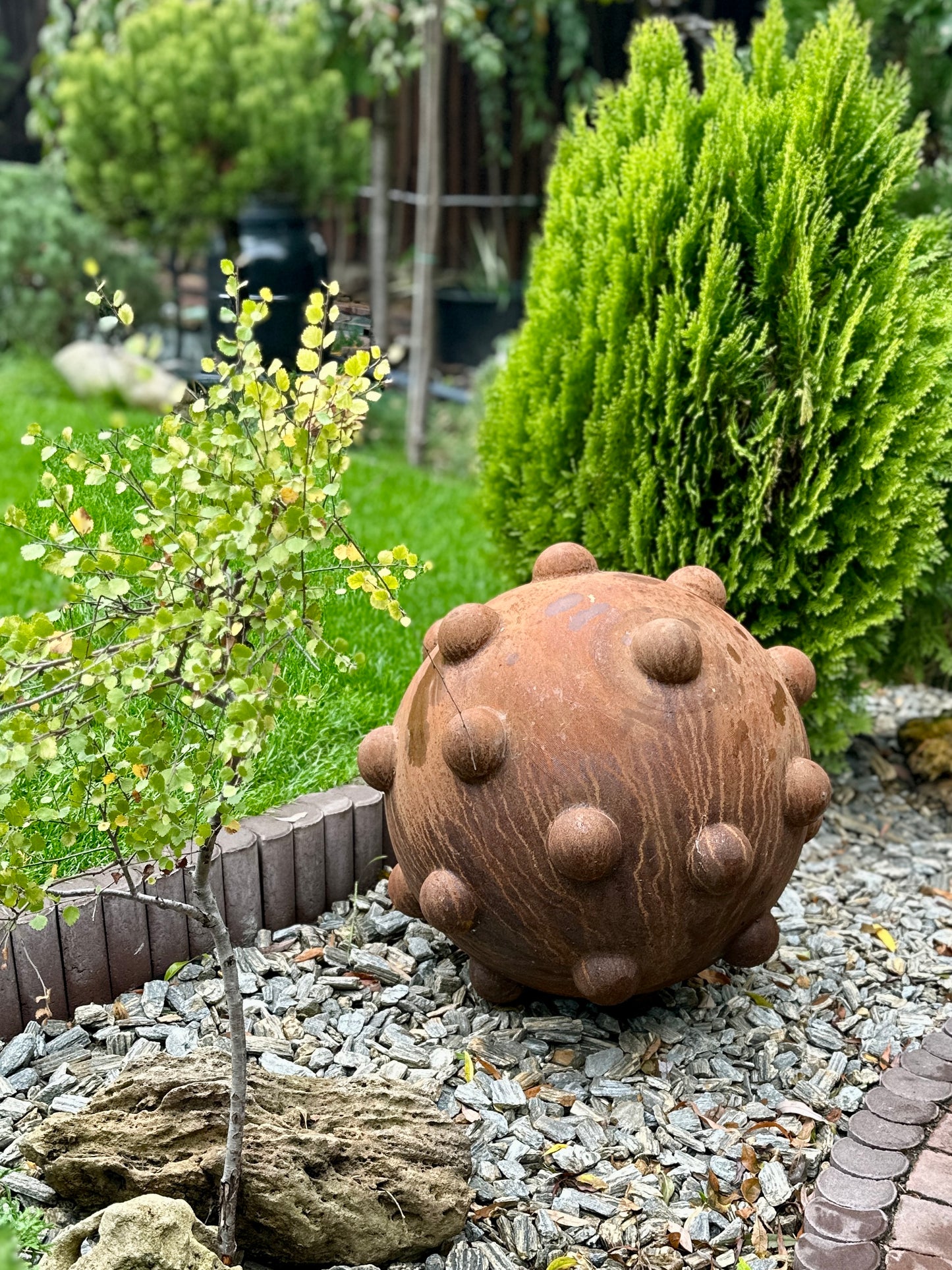 24'' Rusty Metal Sphere Sculpture Modern Art for Garden Patio or Home Perfect Centerpiece Landscape Decor and Artistic Accent
