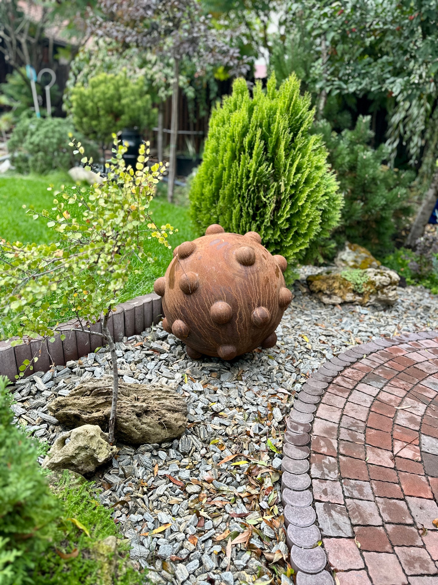 24'' Rusty Metal Sphere Sculpture Modern Art for Garden Patio or Home Perfect Centerpiece Landscape Decor and Artistic Accent
