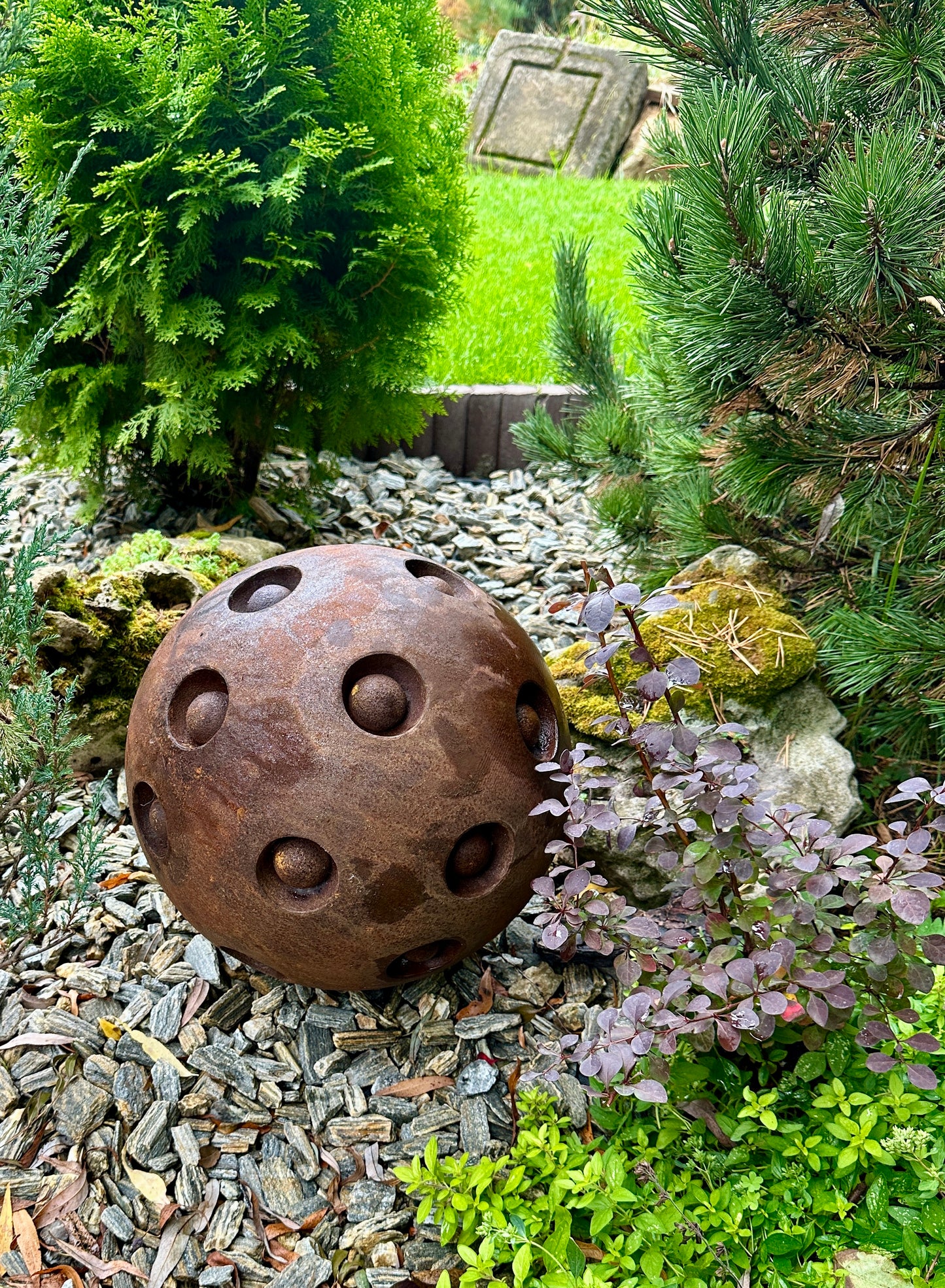 14” Rusty Metal Sphere Sculpture Modern Garden Decor Weathered Steel Ball Artistic Outdoor Ornament for Lawn Patio or Landscape Accent