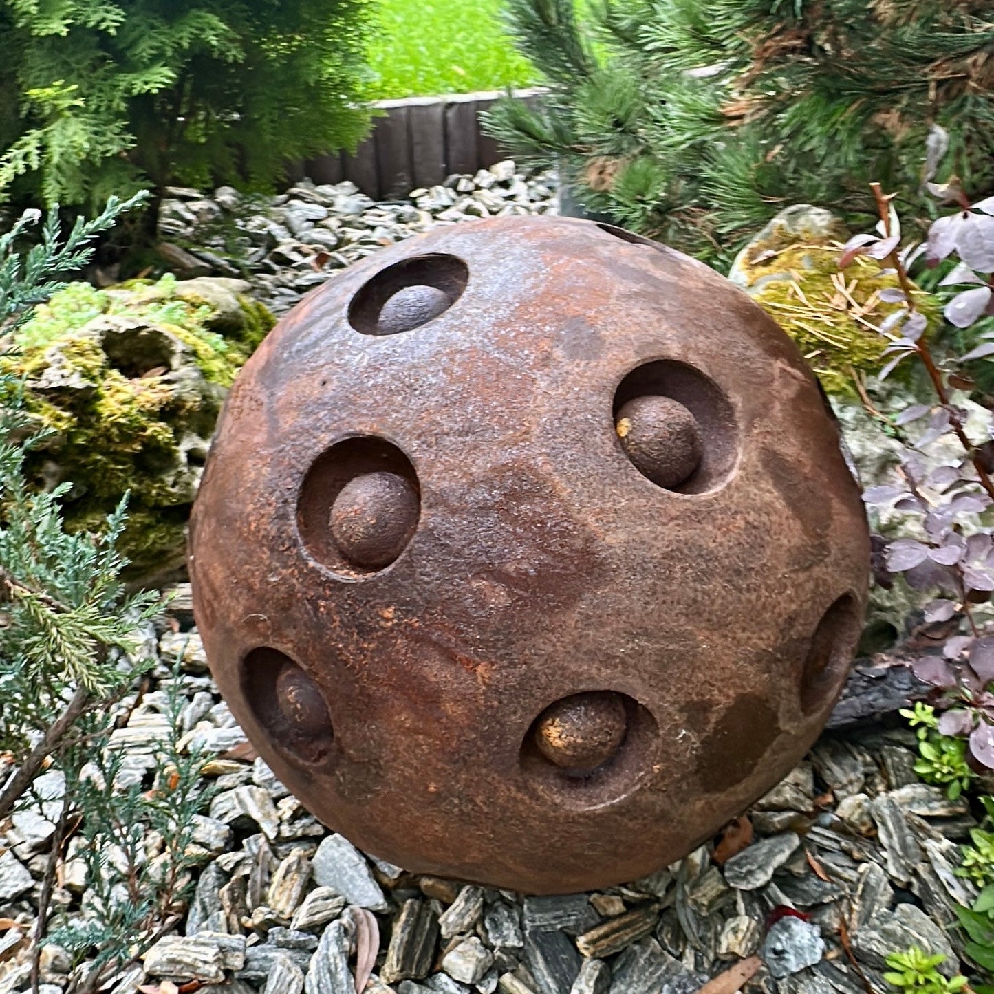 14” Rusty Metal Sphere Sculpture Modern Garden Decor Weathered Steel Ball Artistic Outdoor Ornament for Lawn Patio or Landscape Accent