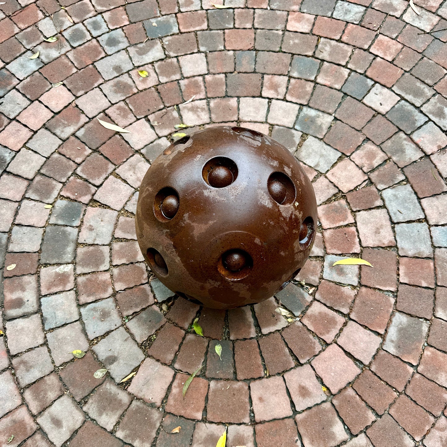 14” Rusty Metal Sphere Sculpture Modern Garden Decor Weathered Steel Ball Artistic Outdoor Ornament for Lawn Patio or Landscape Accent