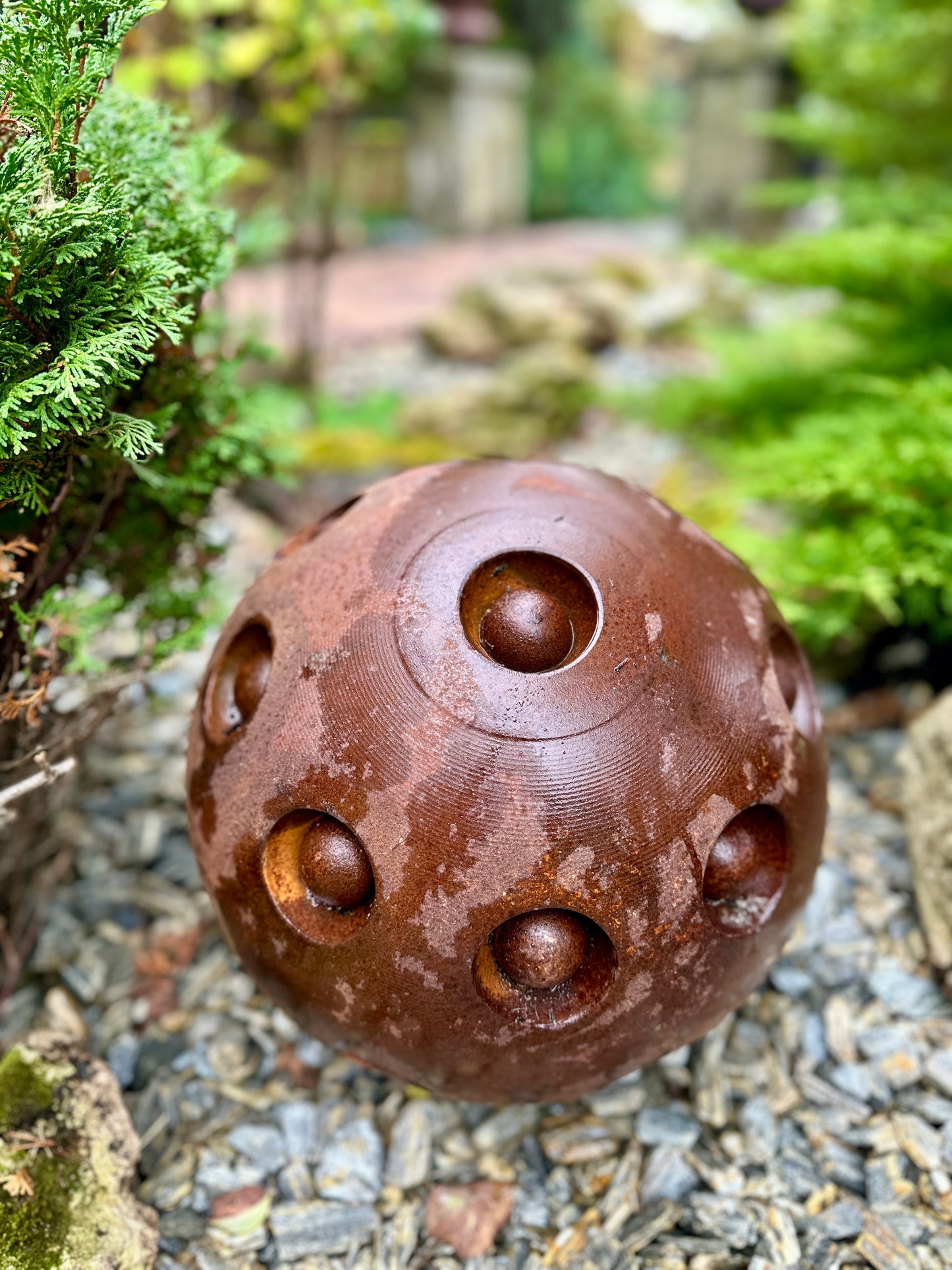 14” Rusty Metal Sphere Sculpture Modern Garden Decor Weathered Steel Ball Artistic Outdoor Ornament for Lawn Patio or Landscape Accent