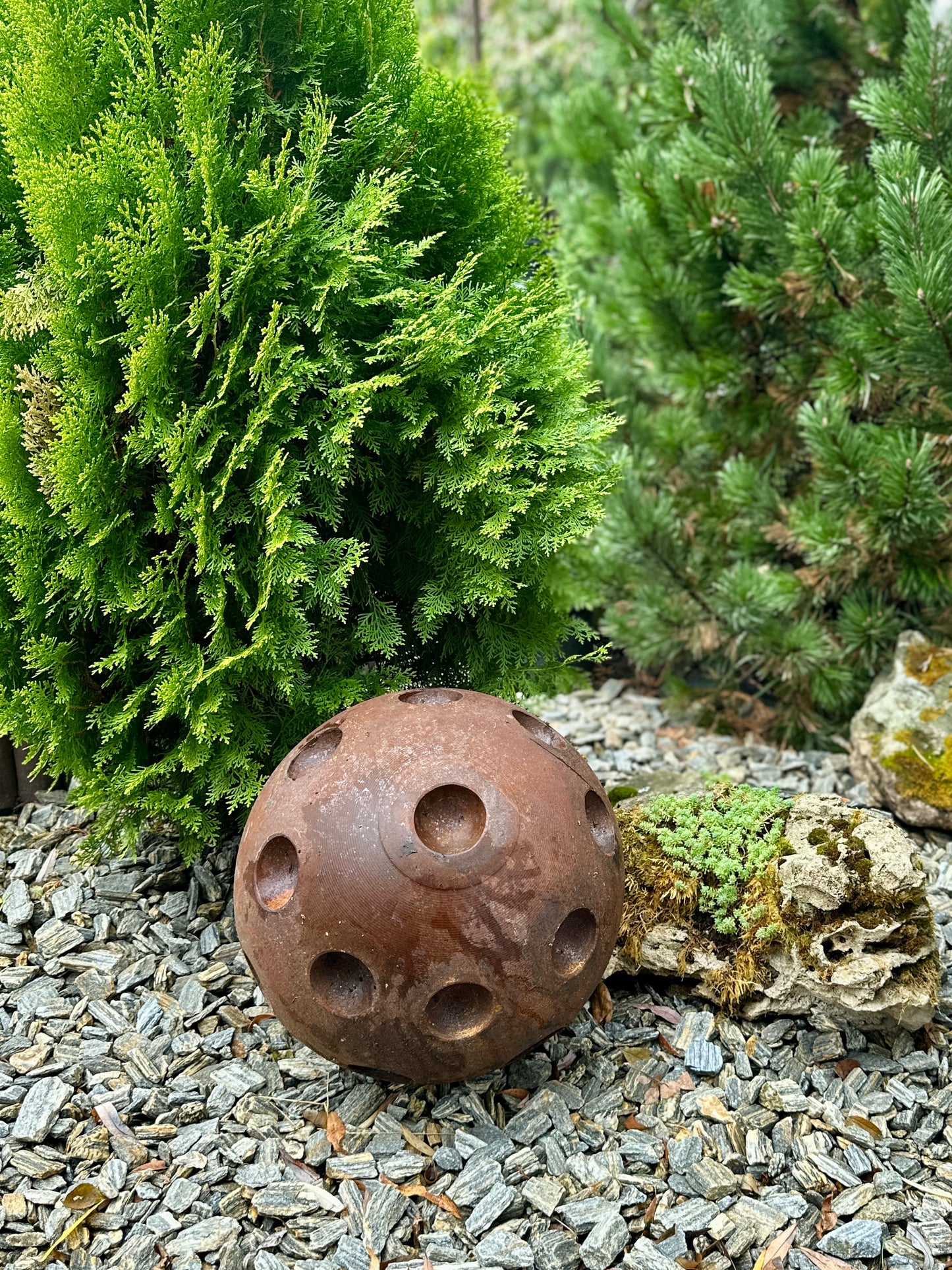 14” Rusty Metal Sphere Sculpture Modern Garden Decor Weathered Steel Ball Artistic Outdoor Ornament for Lawn Patio or Landscape Accent