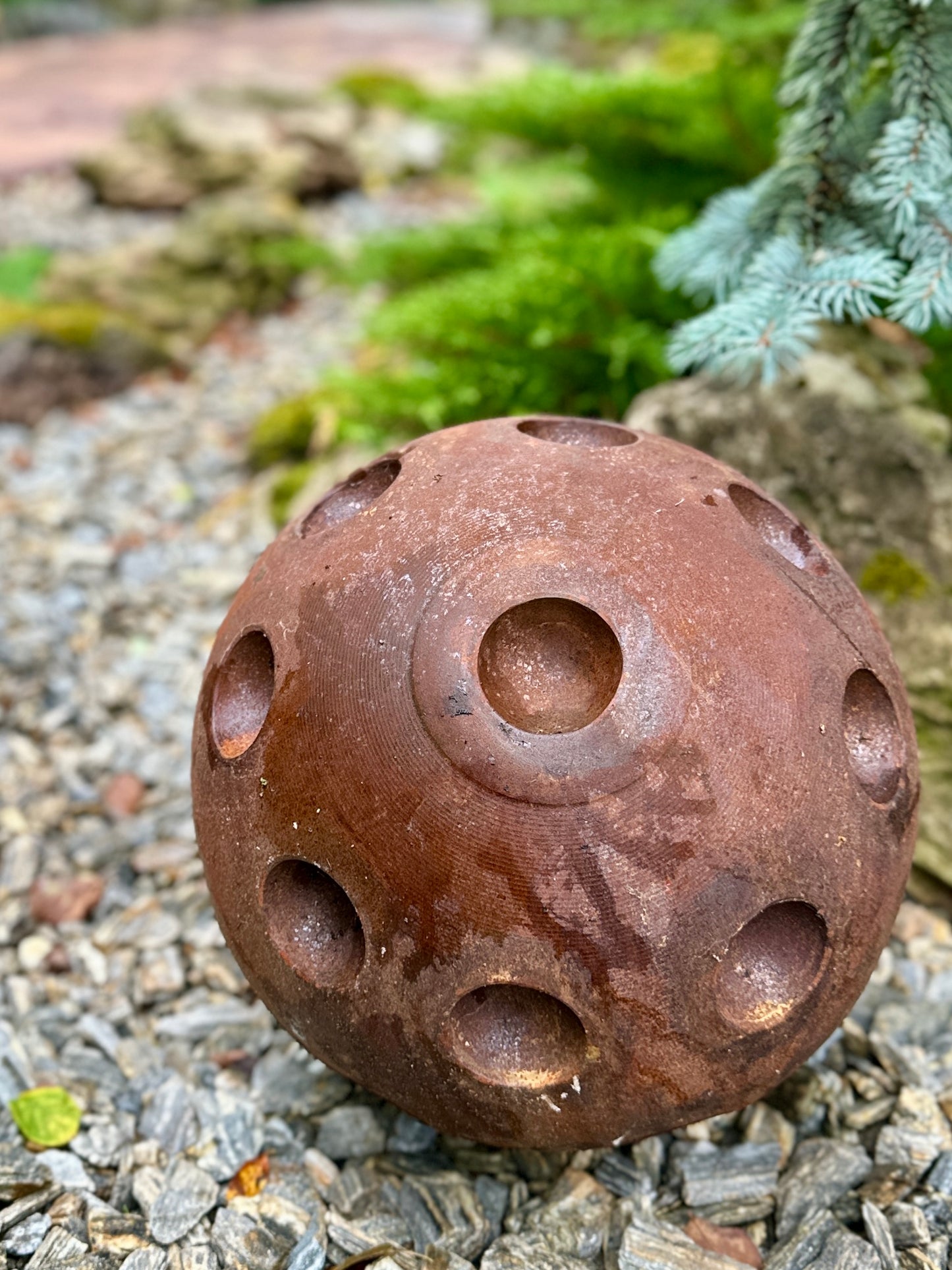 14” Rusty Metal Sphere Sculpture Modern Garden Decor Weathered Steel Ball Artistic Outdoor Ornament for Lawn Patio or Landscape Accent
