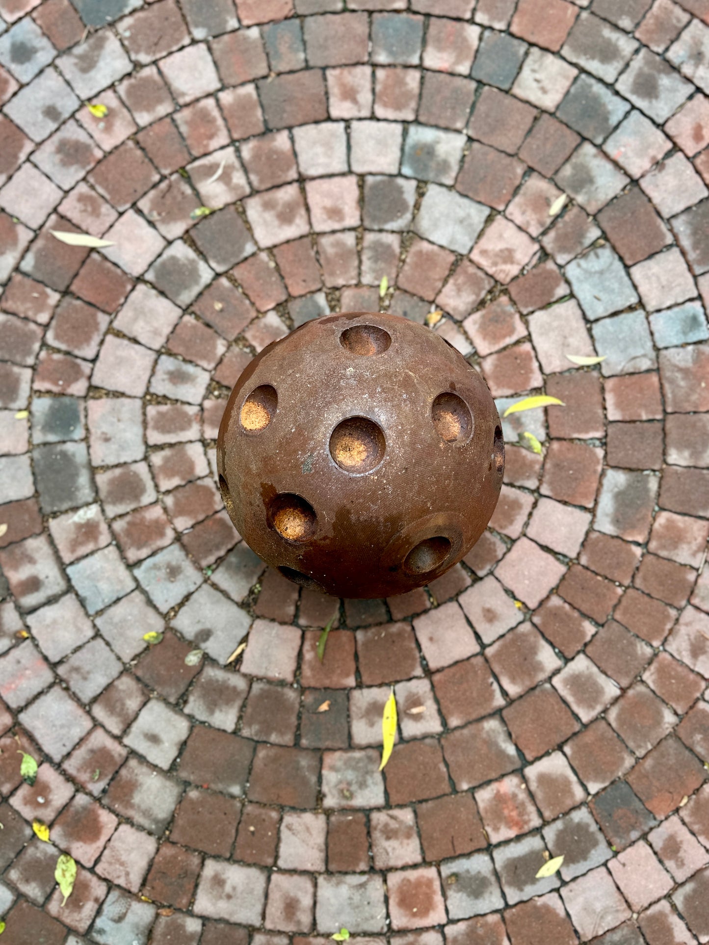 14” Rusty Metal Sphere Sculpture Modern Garden Decor Weathered Steel Ball Artistic Outdoor Ornament for Lawn Patio or Landscape Accent