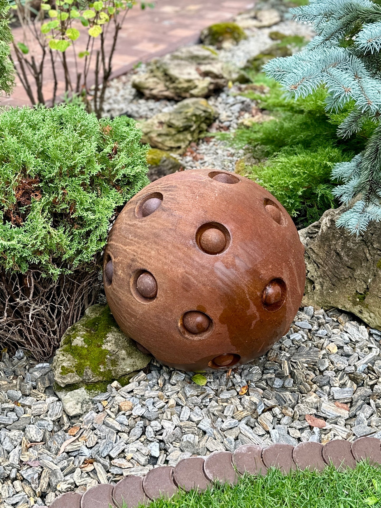 20'' Rusty Metal Sphere Sculpture Modern Art for Garden Patio or Home Perfect Centerpiece Landscape Decor and Artistic Accent