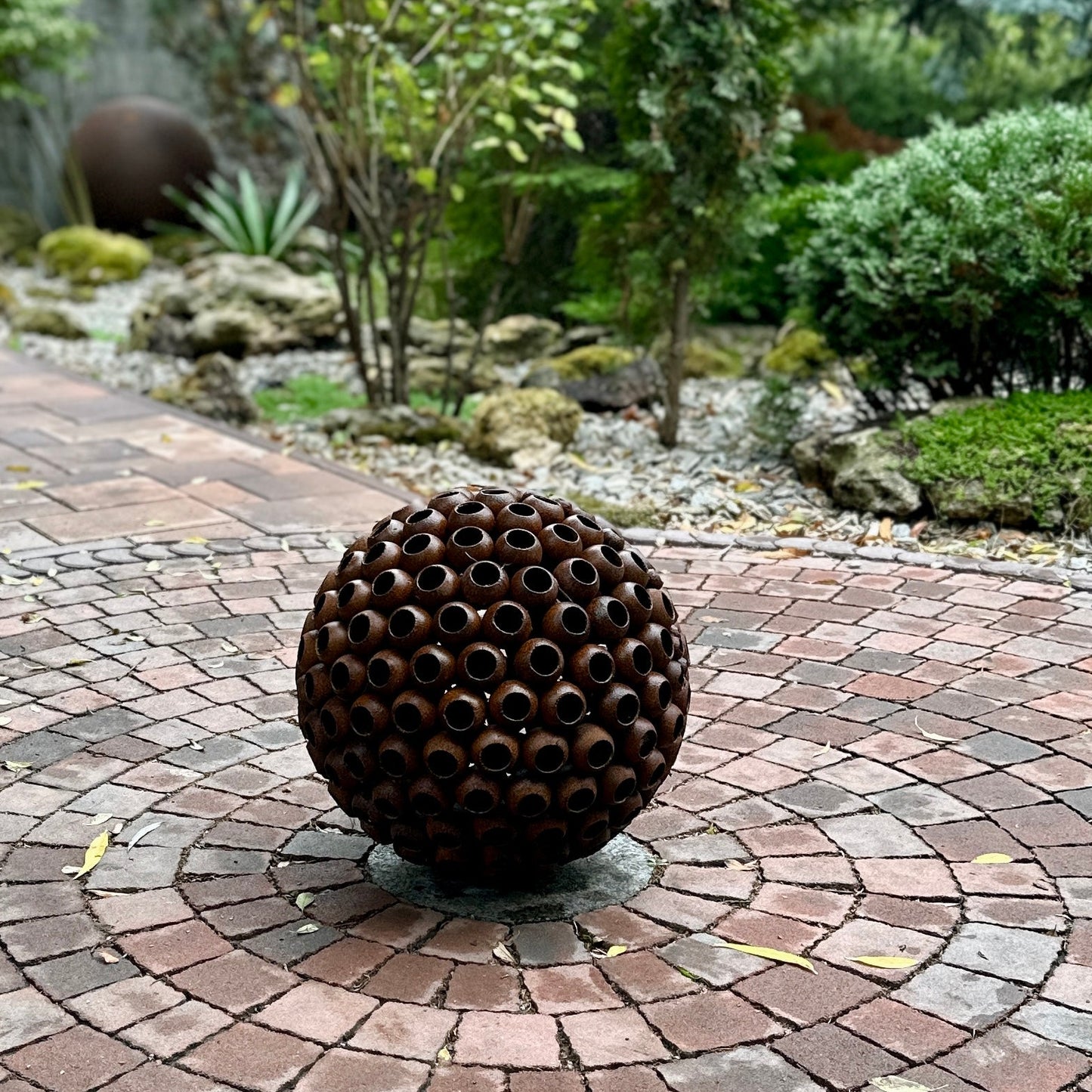 Art Rusty Metal Sphere Outdoor Garden Decor - Add a Touch of Zen Art, Big 14” Rusty metal ball sculpture