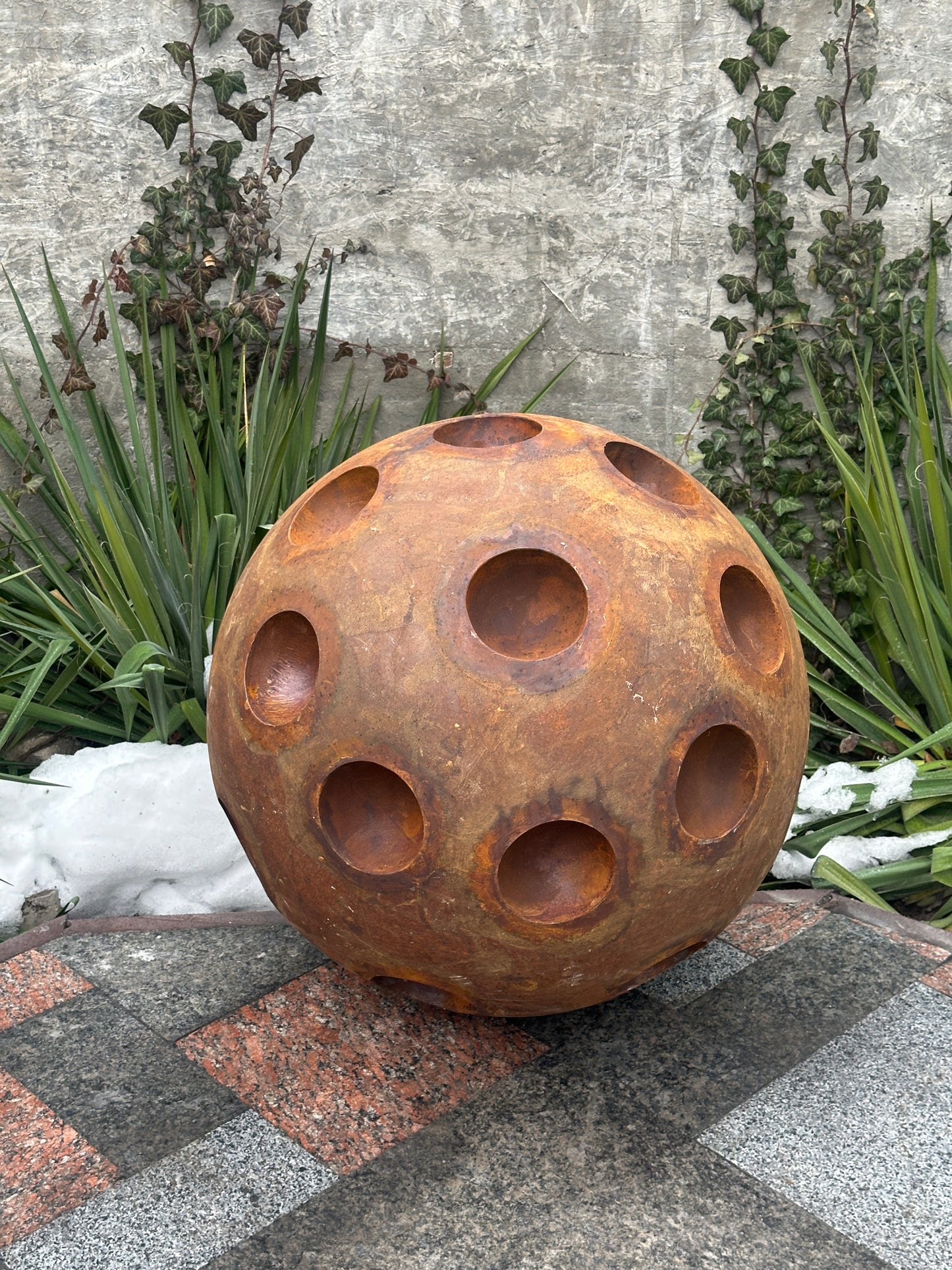 27" Rusty Metal Sphere Sculpture, Large Garden Orb, Modern Yard Art, Weathered Steel Ball, Rustic Outdoor Decor, Landscape Focal Accent