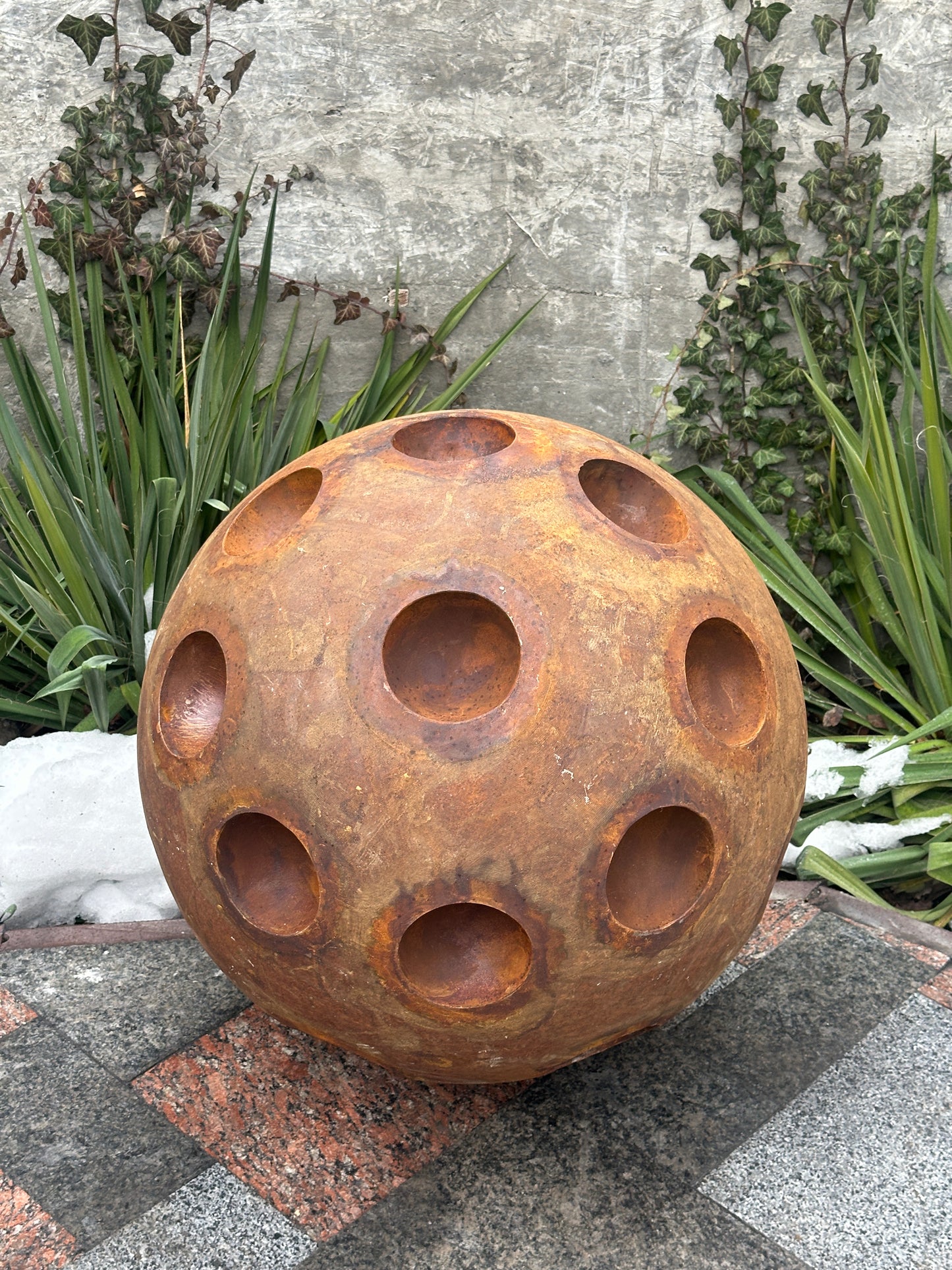 27" Rusty Metal Sphere Sculpture, Large Garden Orb, Modern Yard Art, Weathered Steel Ball, Rustic Outdoor Decor, Landscape Focal Accent