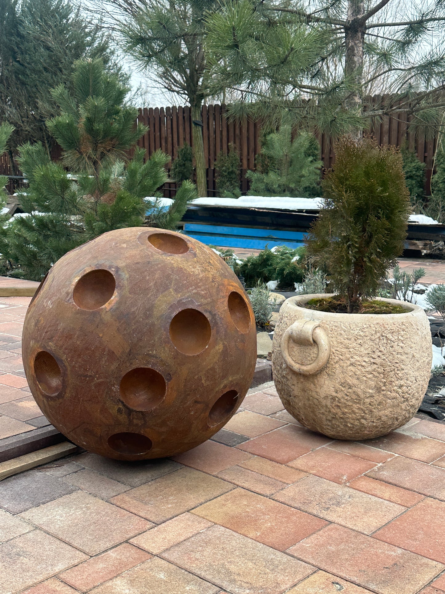 27" Rusty Metal Sphere Sculpture, Large Garden Orb, Modern Yard Art, Weathered Steel Ball, Rustic Outdoor Decor, Landscape Focal Accent