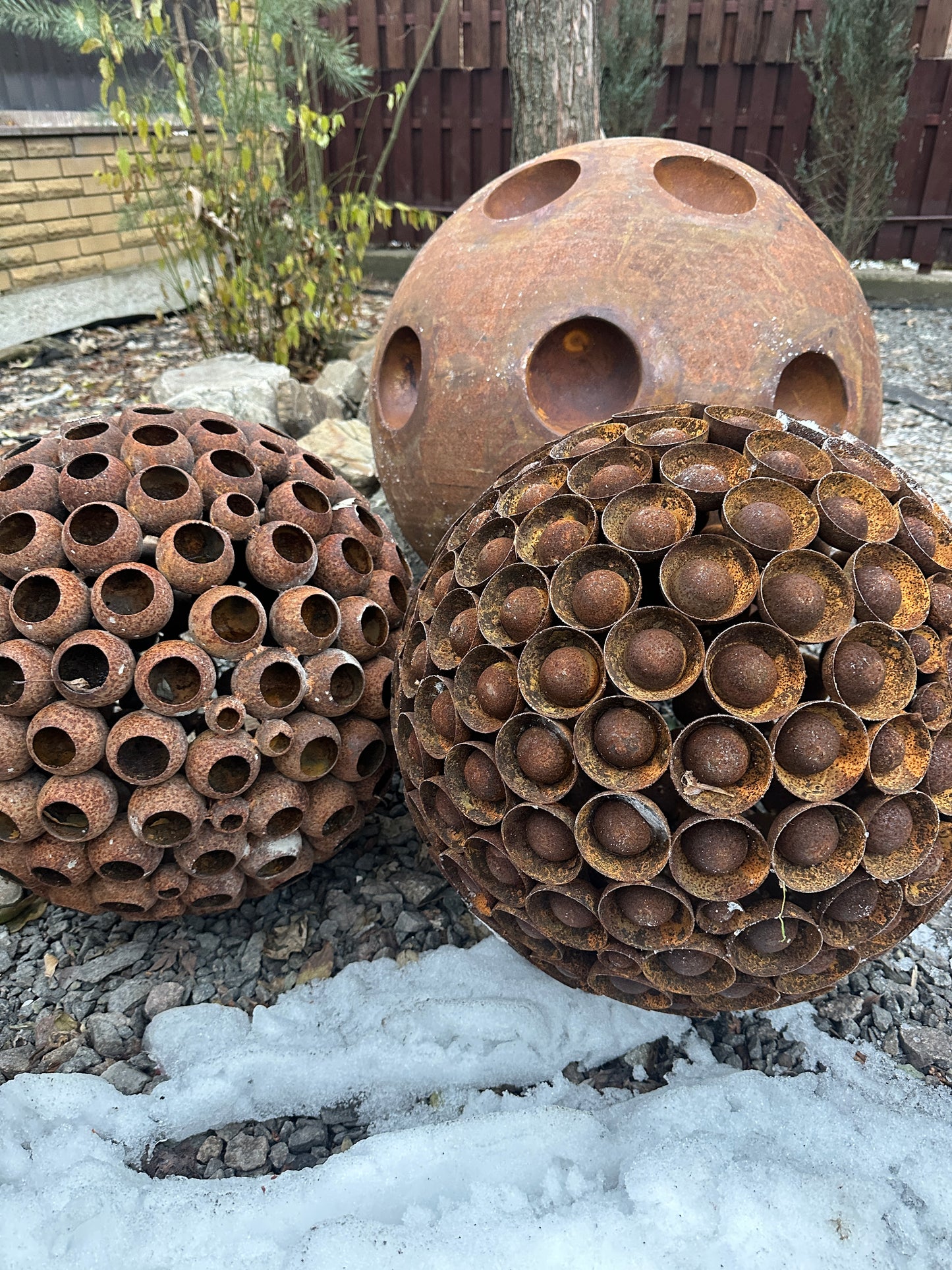27" Rusty Metal Sphere Sculpture, Large Garden Orb, Modern Yard Art, Weathered Steel Ball, Rustic Outdoor Decor, Landscape Focal Accent