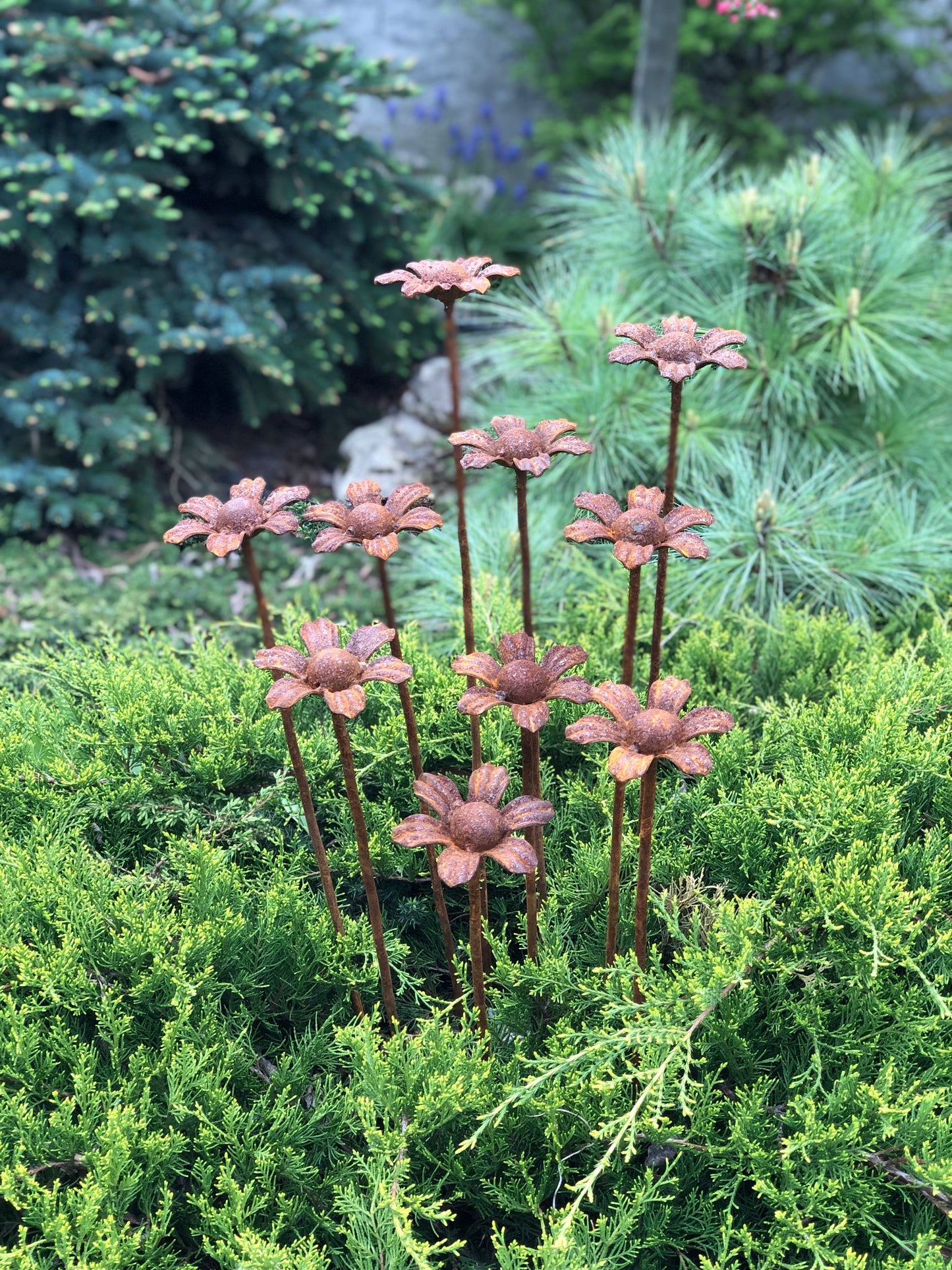 Rusty Flowers Set of 10, Garden Stakes, Metal Garden Decor, metal garden art, outdoor metal decor, rusty metal garden deco
