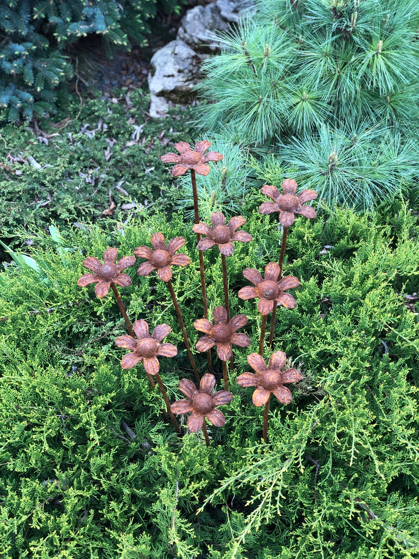 Rusty Flowers Set of 10, Garden Stakes, Metal Garden Decor, metal garden art, outdoor metal decor, rusty metal garden deco