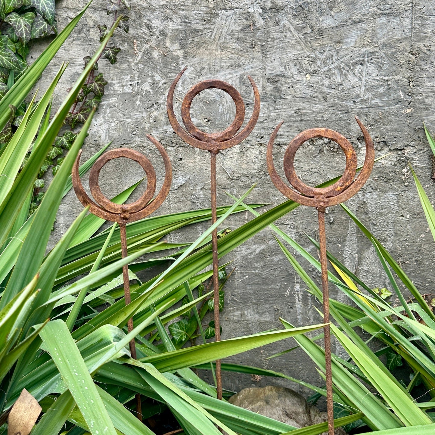 Rusty finials set of 3, Garden Finial Stakes, Metal Garden Sculptures, Metal yard art, Outdoor metal decor, Rusty Metal Garden Art