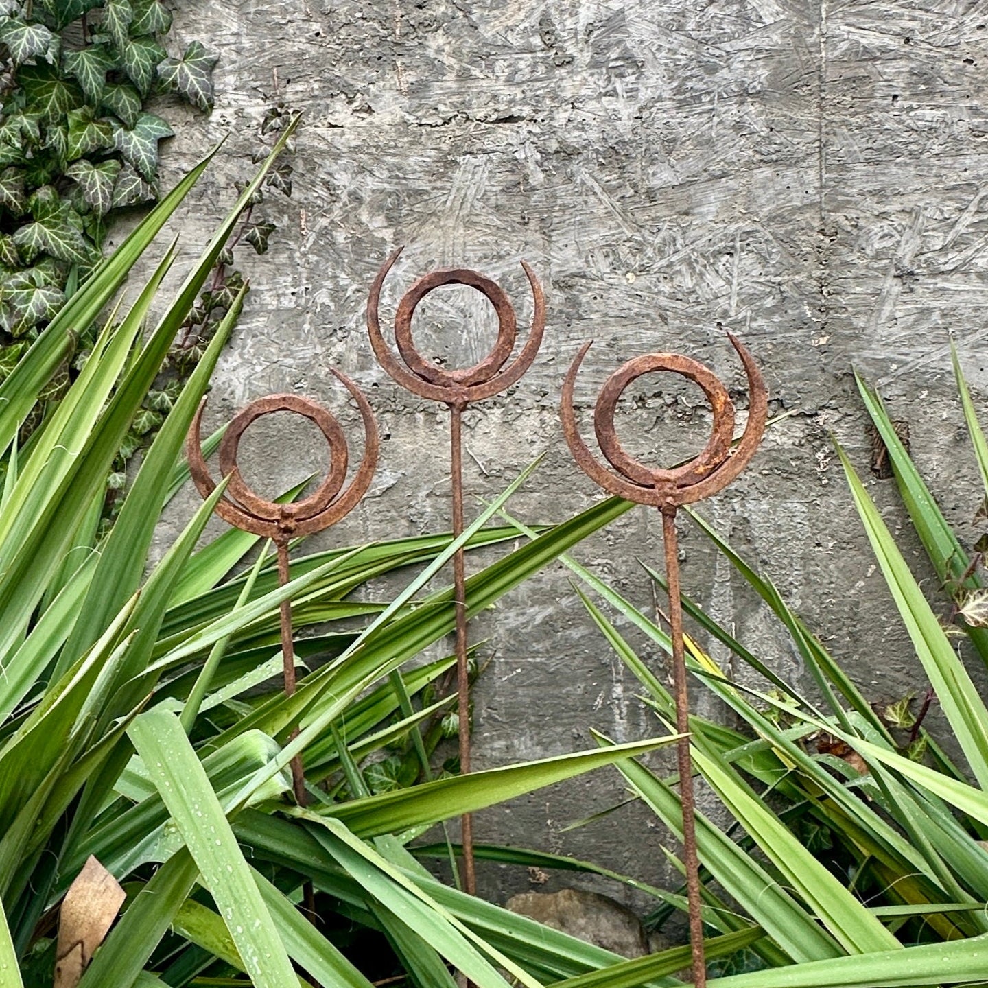 Rusty finials set of 3, Garden Finial Stakes, Metal Garden Sculptures, Metal yard art, Outdoor metal decor, Rusty Metal Garden Art