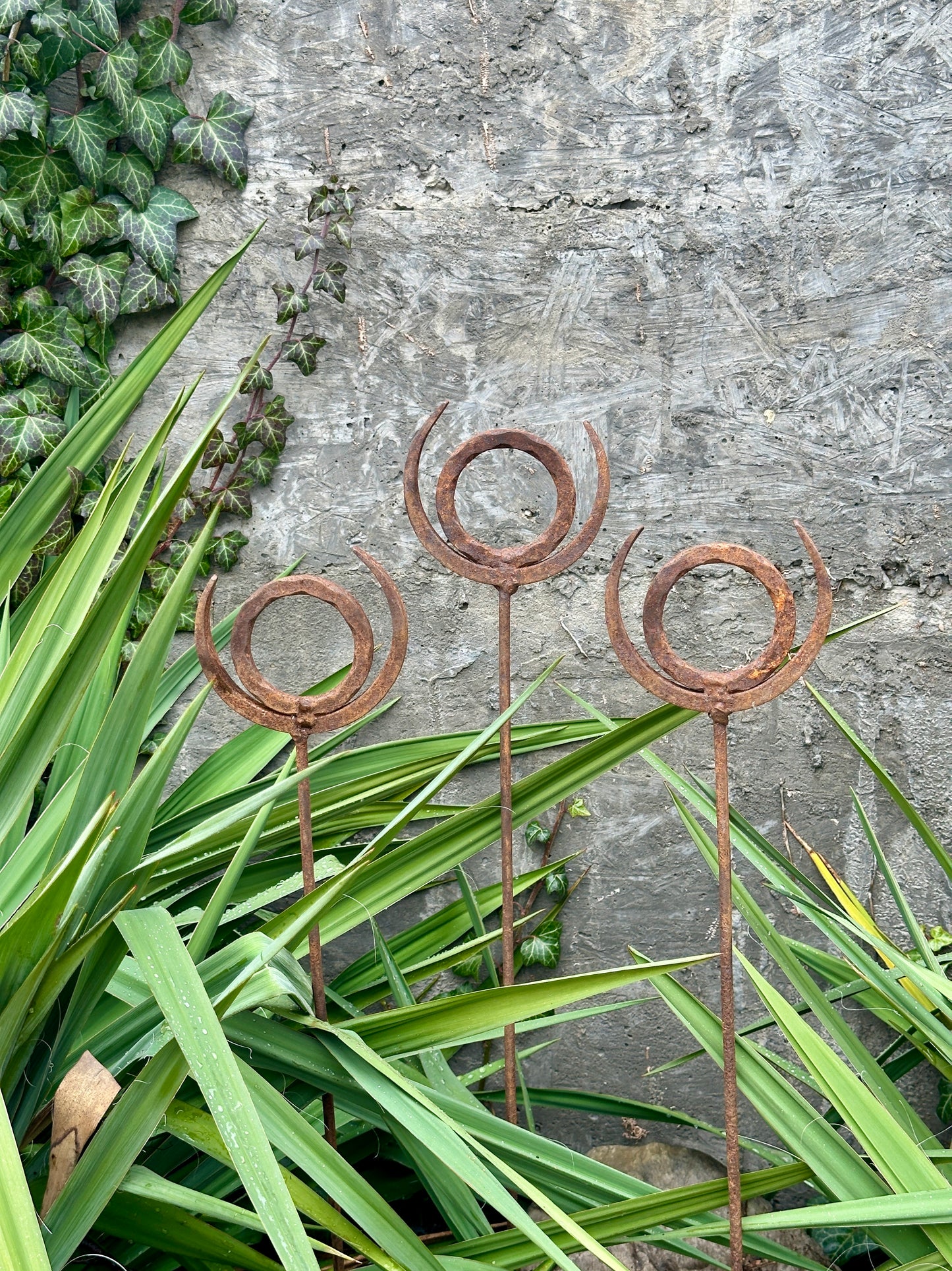 Rusty finials set of 3, Garden Finial Stakes, Metal Garden Sculptures, Metal yard art, Outdoor metal decor, Rusty Metal Garden Art