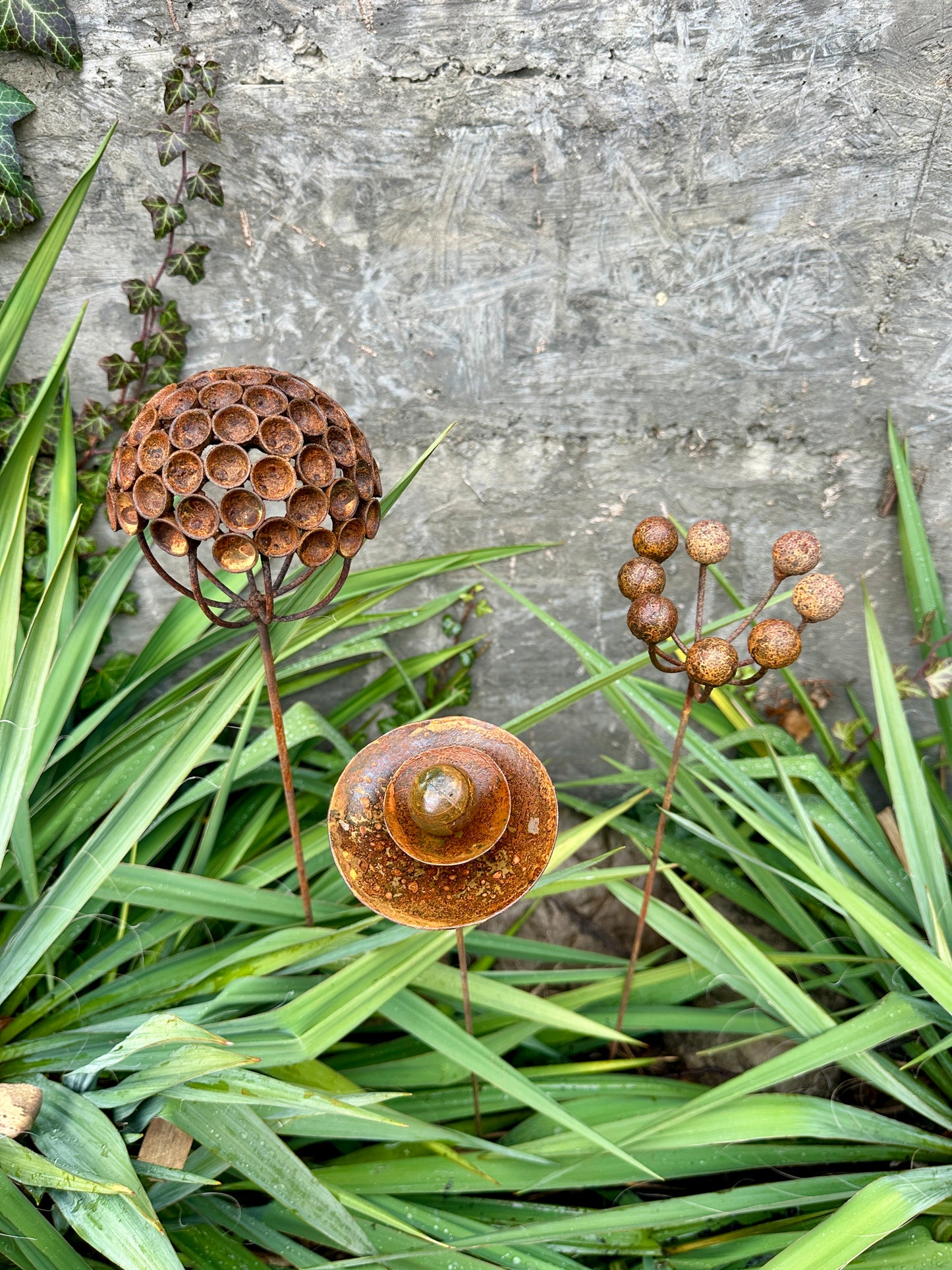 Set of 3 Rustic Metal Exotic Flowers, Garden Decorations, Handmade Sculptures, Rustic Landscaping, Garden Art, Bee and Butterflies Cups