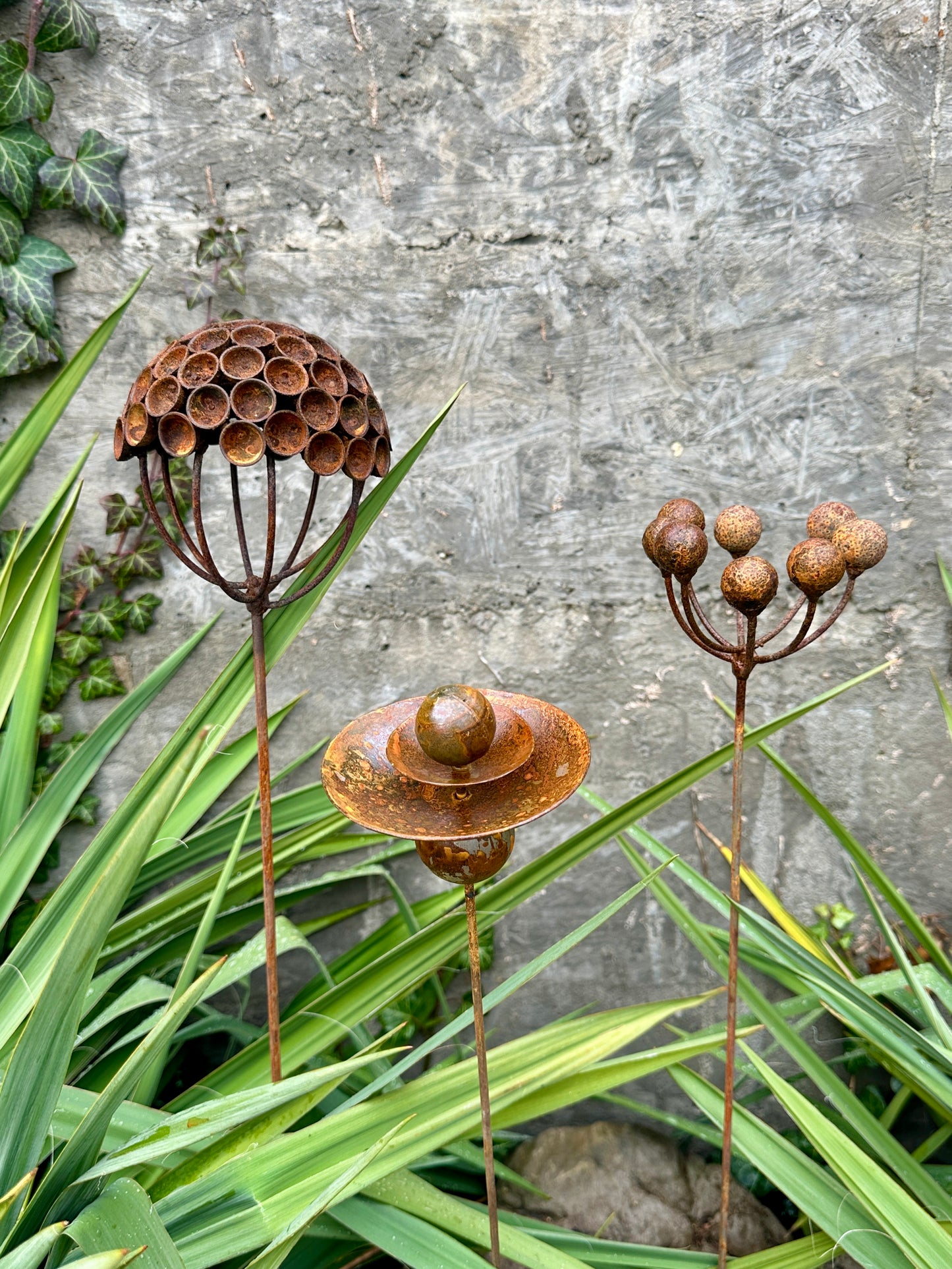 Set of 3 Rustic Metal Exotic Flowers, Garden Decorations, Handmade Sculptures, Rustic Landscaping, Garden Art, Bee and Butterflies Cups