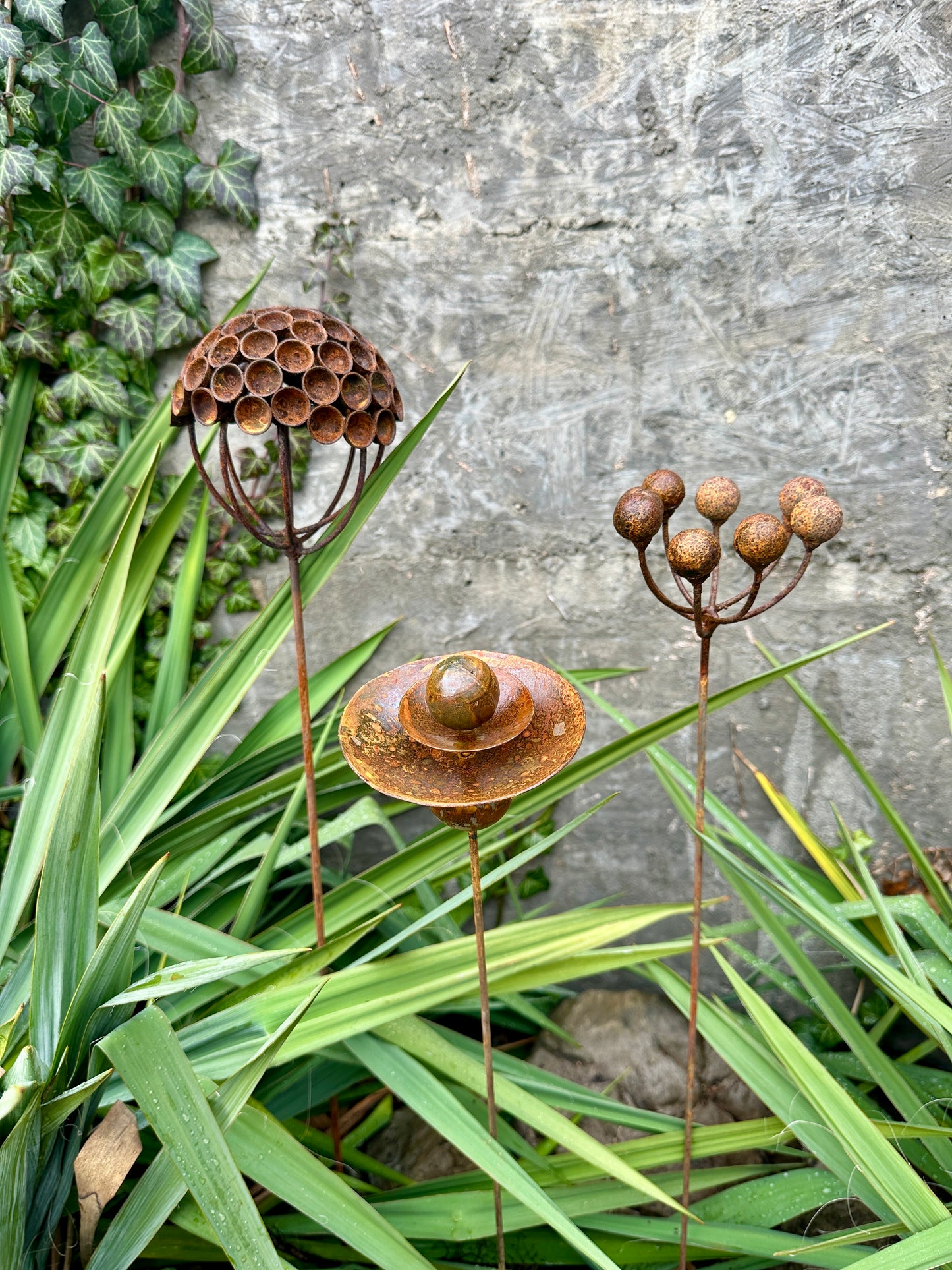 Set of 3 Rustic Metal Exotic Flowers, Garden Decorations, Handmade Sculptures, Rustic Landscaping, Garden Art, Bee and Butterflies Cups