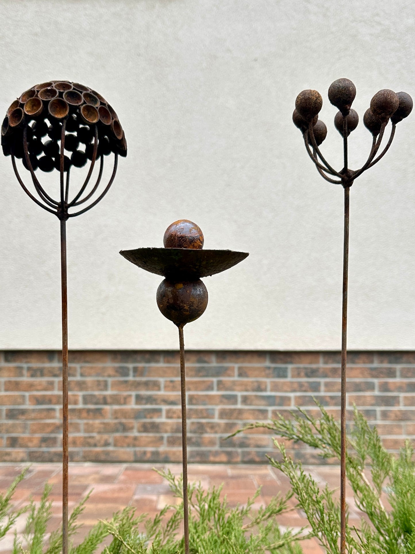 Set of 3 Rustic Metal Exotic Flowers, Garden Decorations, Handmade Sculptures, Rustic Landscaping, Garden Art, Bee and Butterflies Cups