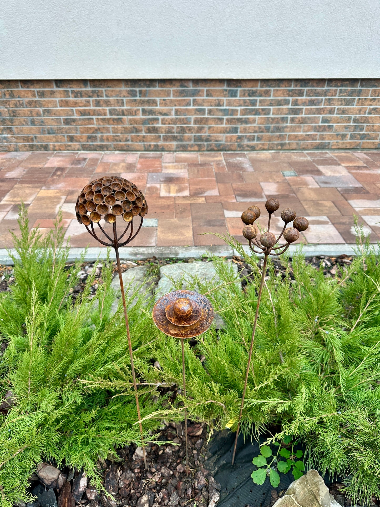Set of 3 Rustic Metal Exotic Flowers, Garden Decorations, Handmade Sculptures, Rustic Landscaping, Garden Art, Bee and Butterflies Cups
