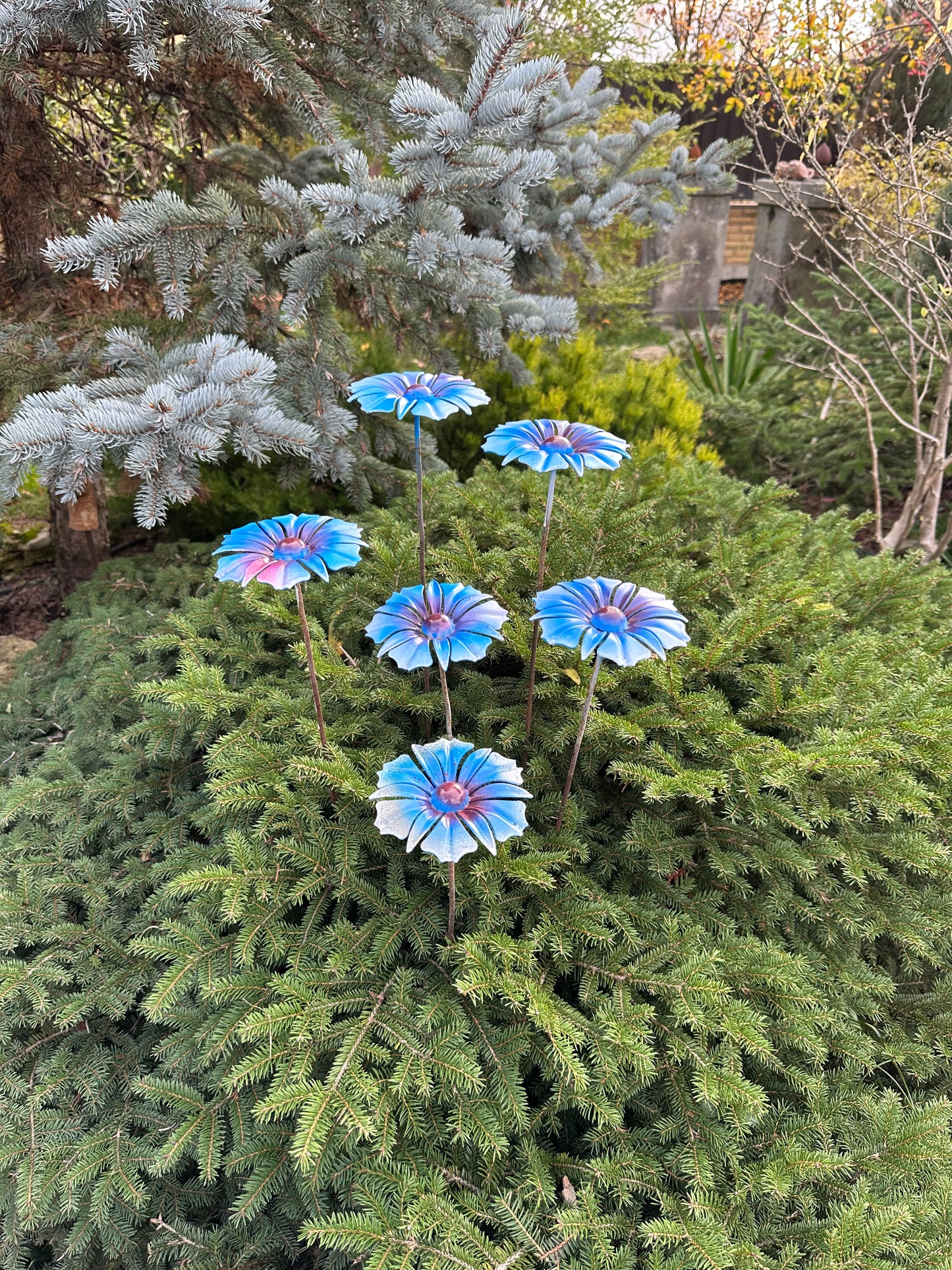 Six Elegant handmade blue metal flowers garden stakes outdoor decor - Perfect for Outdoor Decor