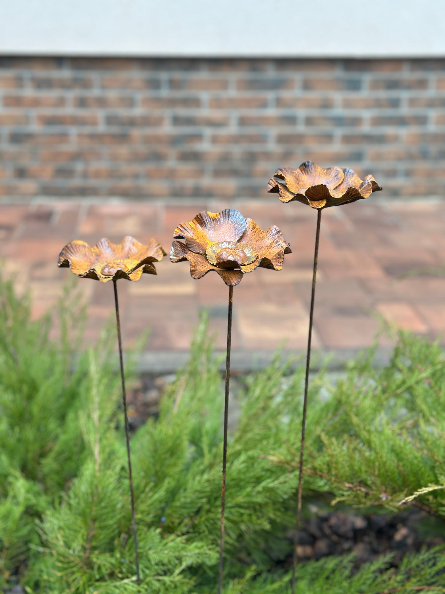 Rusty flowers set of 3, Poppy flowers garden stakes, Metal garden decor, metal yard art, outdoor metal decor, Rusty metal garden decor