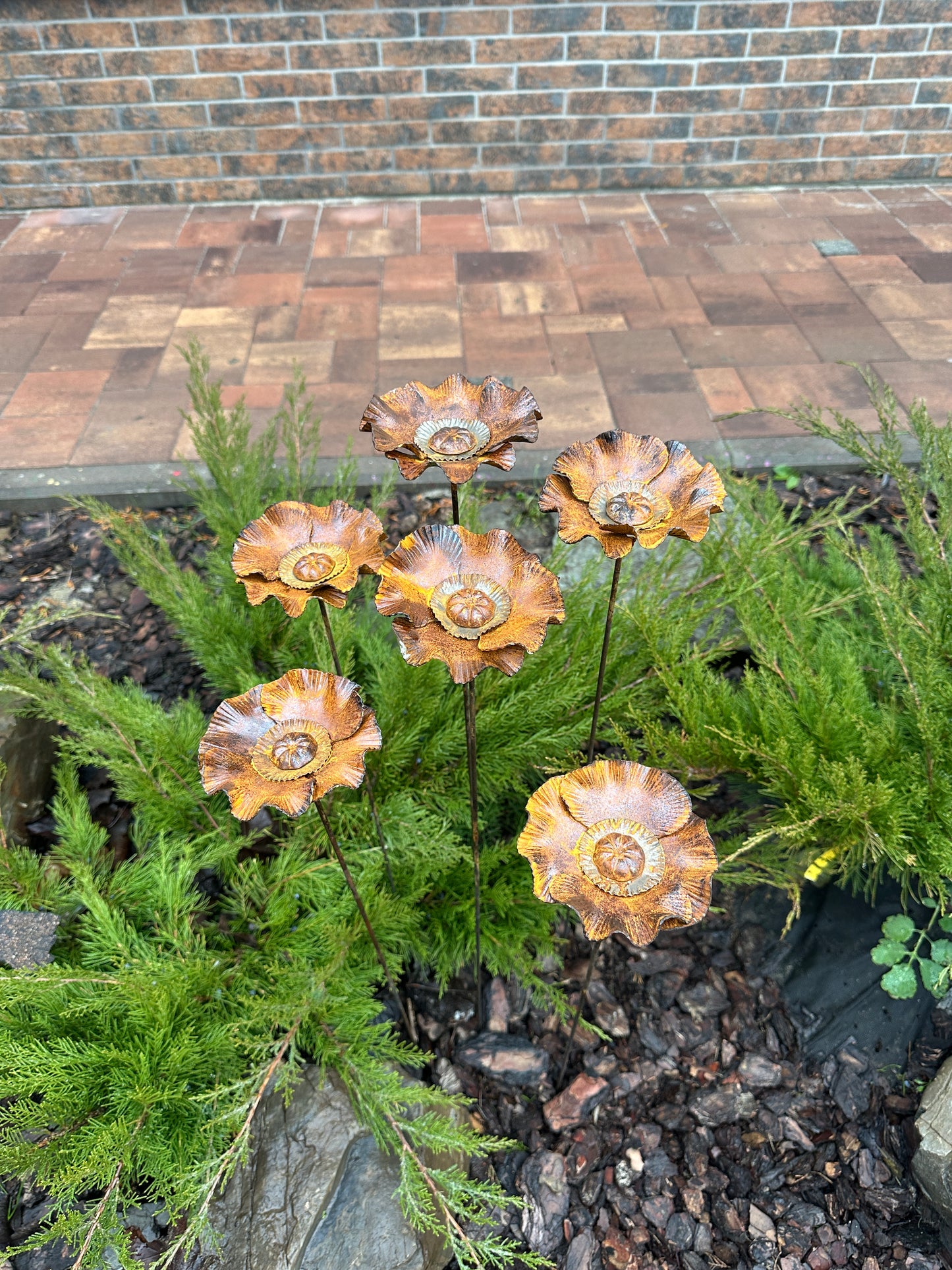 Rusty flowers set of 6, Poppy flowers garden stakes, Metal garden decor, metal yard art, outdoor metal decor, Rusty metal garden decor