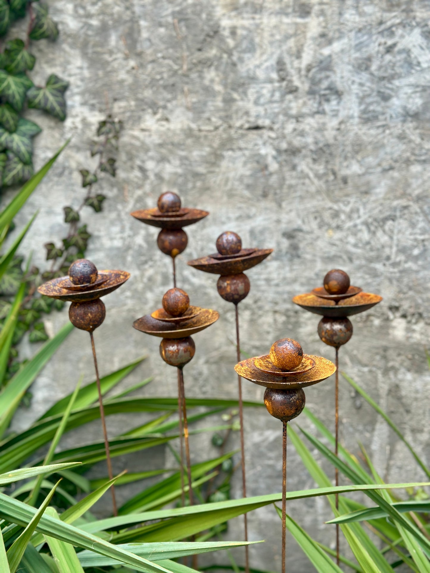 Set of 6 Rusty Metal Flowers, Garden Decorations, Handmade Outdoor Decor for Backyards, Rustic Landscaping, Garden Art, Bee Butterfly Cups