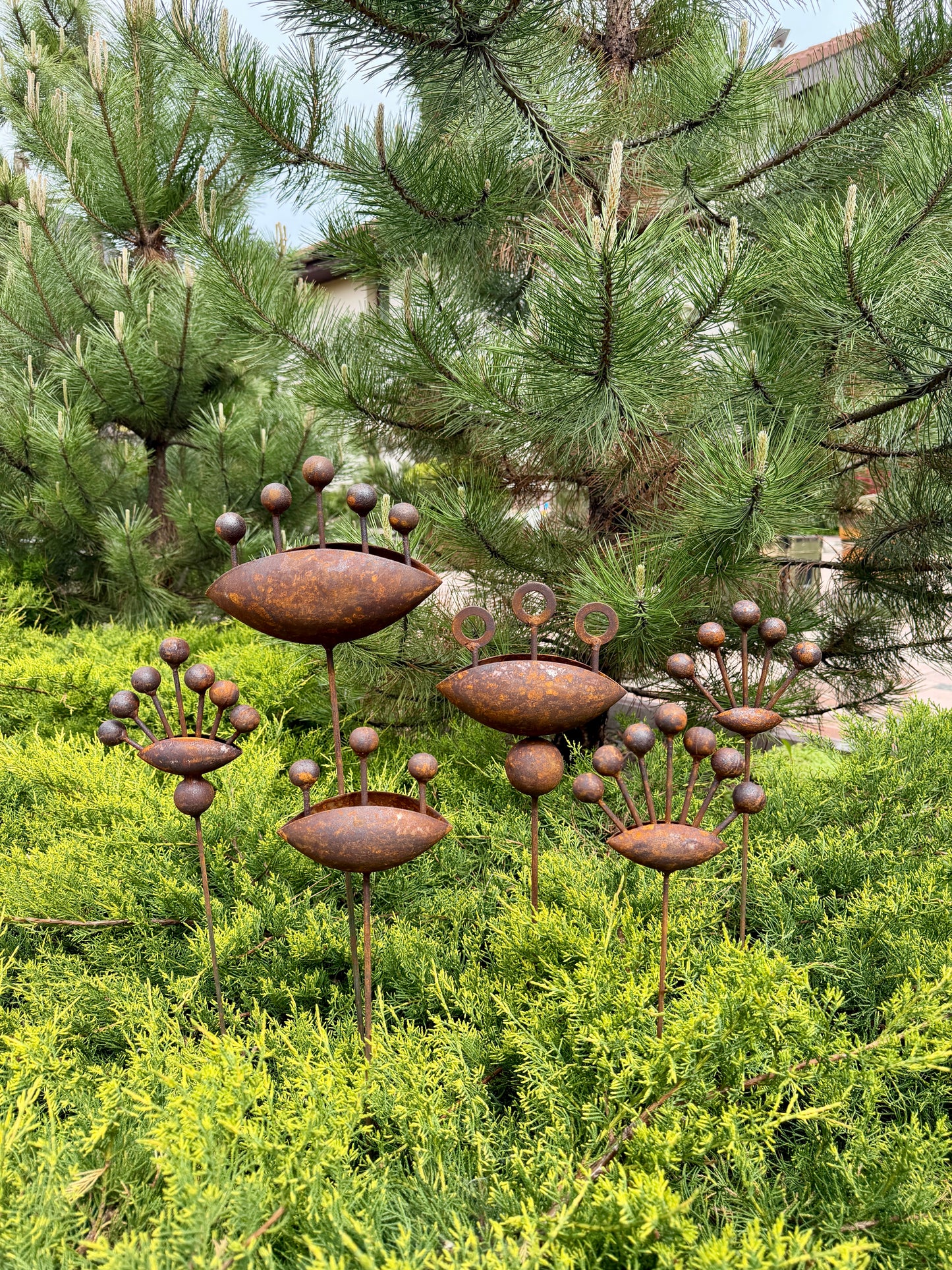 Set of 6 Rustic Metal Flowers - Handmade Garden Stakes & Yard Art